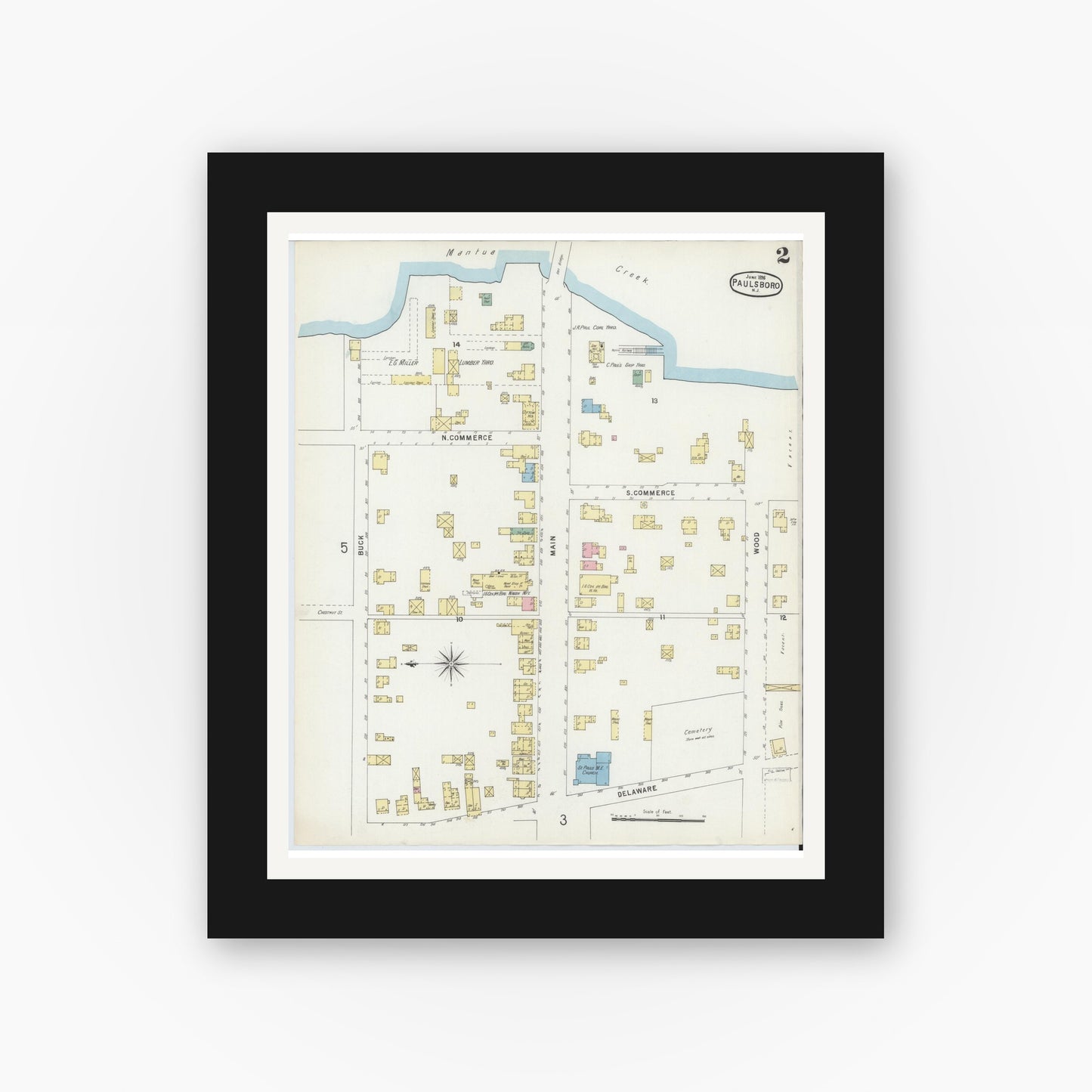 Old map wall art mockup — black gallery frame with white mat — Sanborn Fire Insurance Map from Paulsboro, Gloucester County, New Jersey (1896), Sheet #0002
