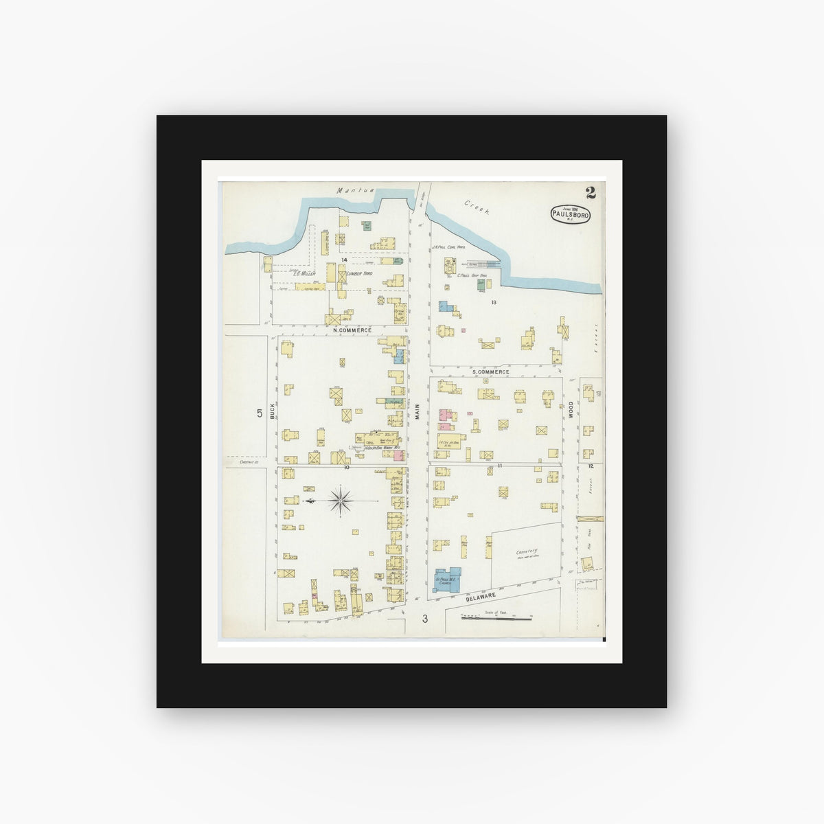 Old map wall art mockup — black gallery frame with white mat — Sanborn Fire Insurance Map from Paulsboro, Gloucester County, New Jersey (1896), Sheet #0002