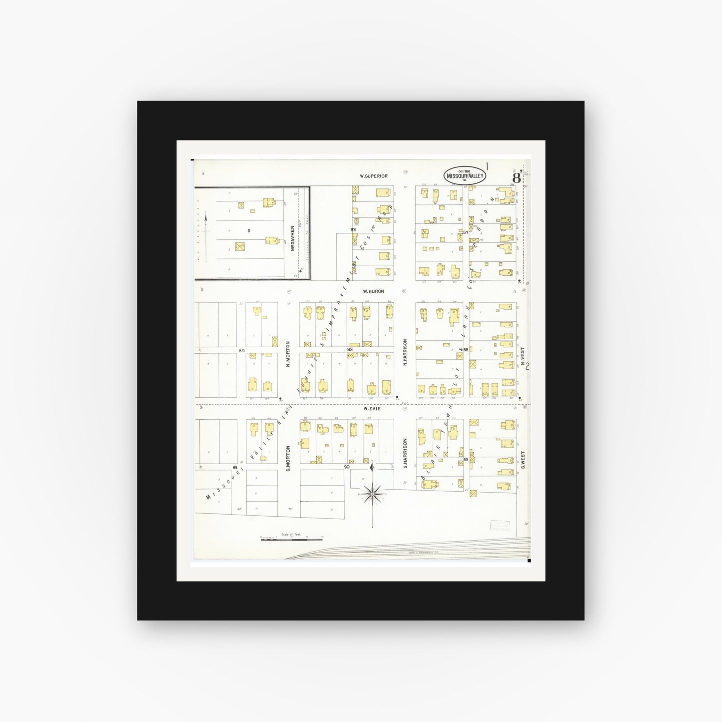 Old map wall art mockup — black gallery frame with white mat — Sanborn Fire Insurance Map from Missouri Valley, Harrison County, Iowa (1901), Sheet #0008