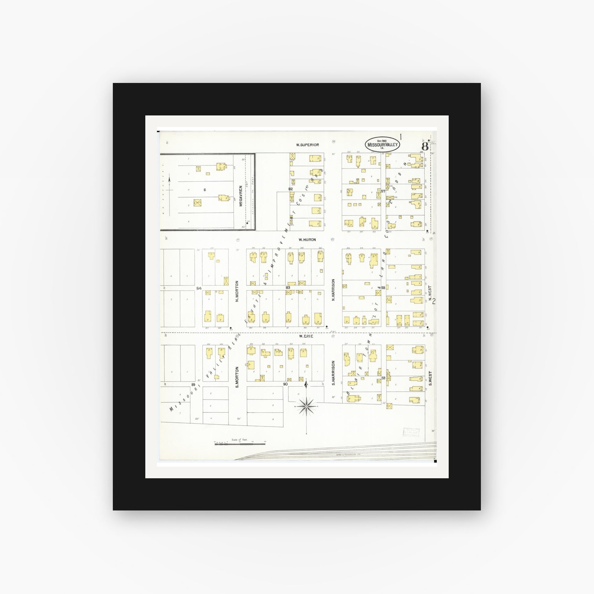 Old map wall art mockup — black gallery frame with white mat — Sanborn Fire Insurance Map from Missouri Valley, Harrison County, Iowa (1901), Sheet #0008