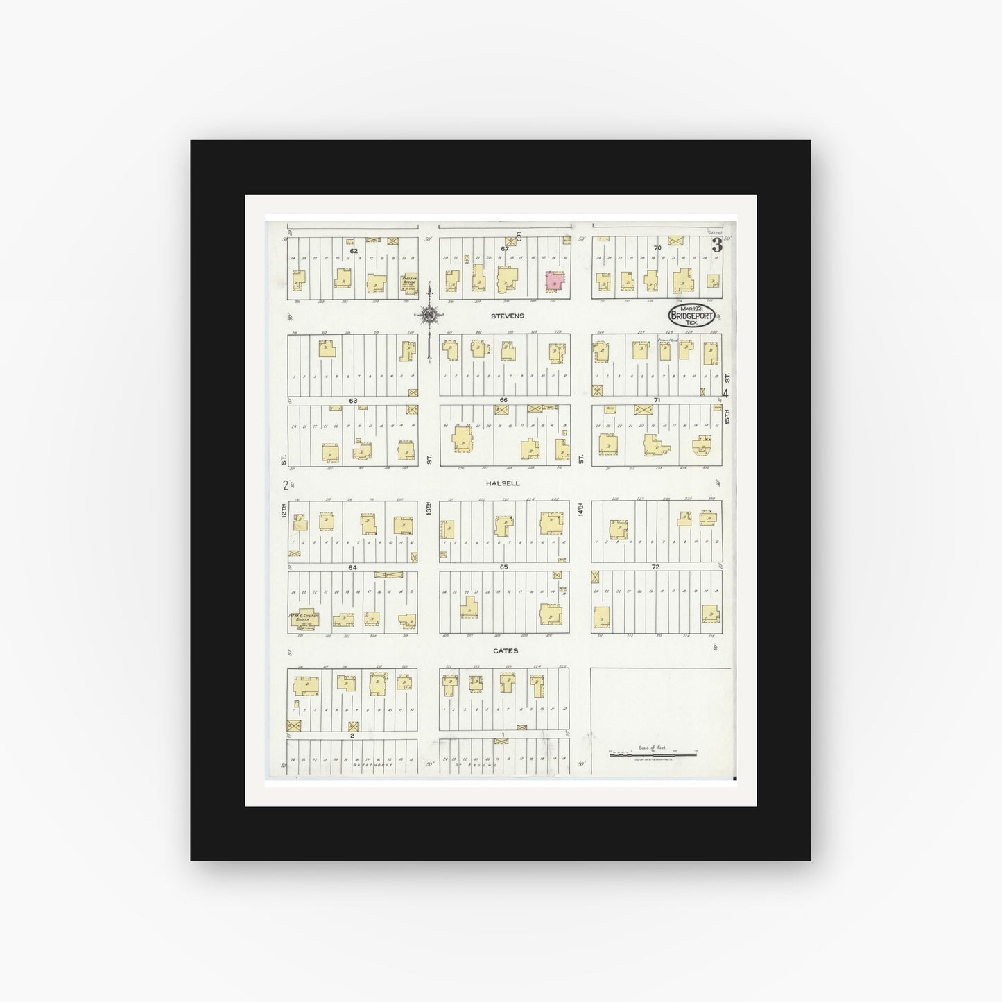 Old map wall art mockup — black gallery frame with white mat — Sanborn Fire Insurance Map from Bridgeport, Wise County, Texas (1921), Sheet #0003