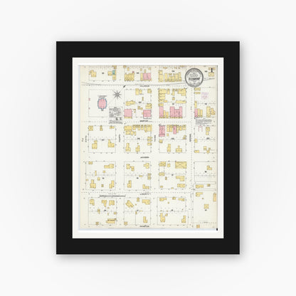Old map wall art mockup — black gallery frame with white mat — Sanborn Fire Insurance Map from Richmond, Fort Bend County, Texas (1904), Sheet #0001