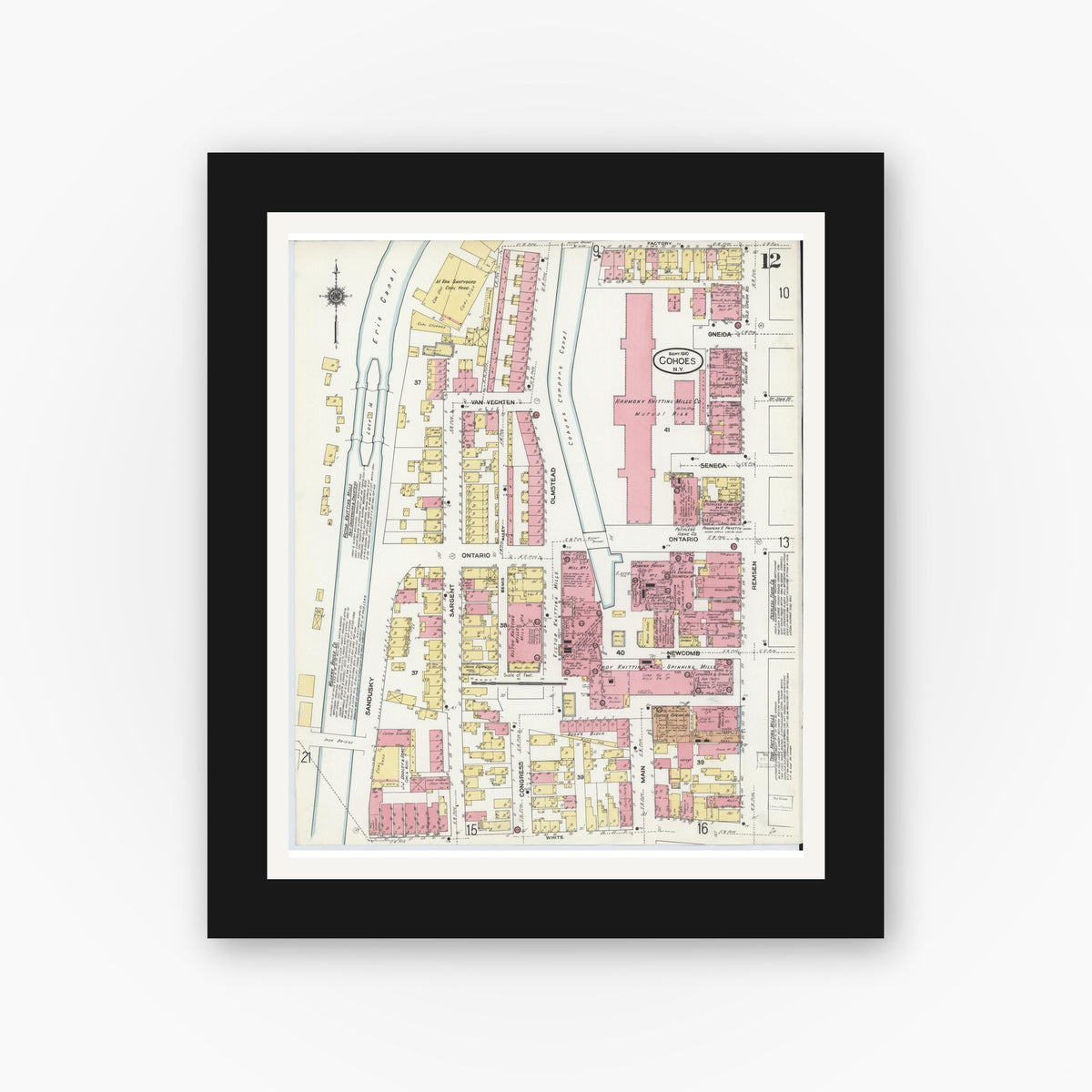 Old map wall art mockup — black gallery frame with white mat — Sanborn Fire Insurance Map from Cohoes, Albany County, New York (1910), Sheet #0013