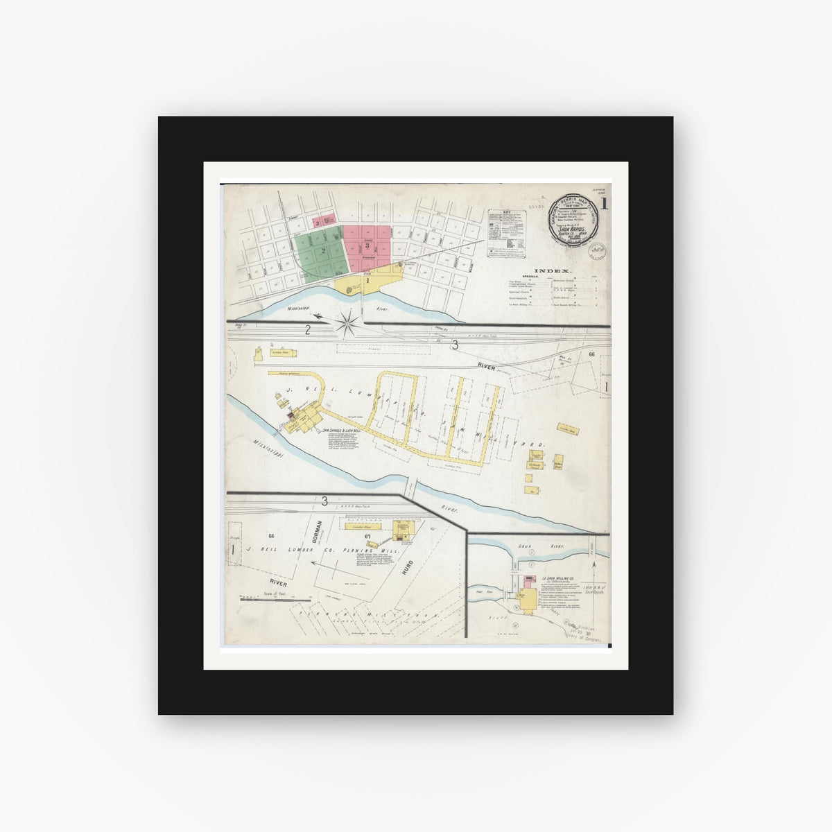 Old map wall art mockup — black gallery frame with white mat — Sanborn Fire Insurance Map from Sauk Rapids, Benton County, Minnesota (1899), Sheet #0001