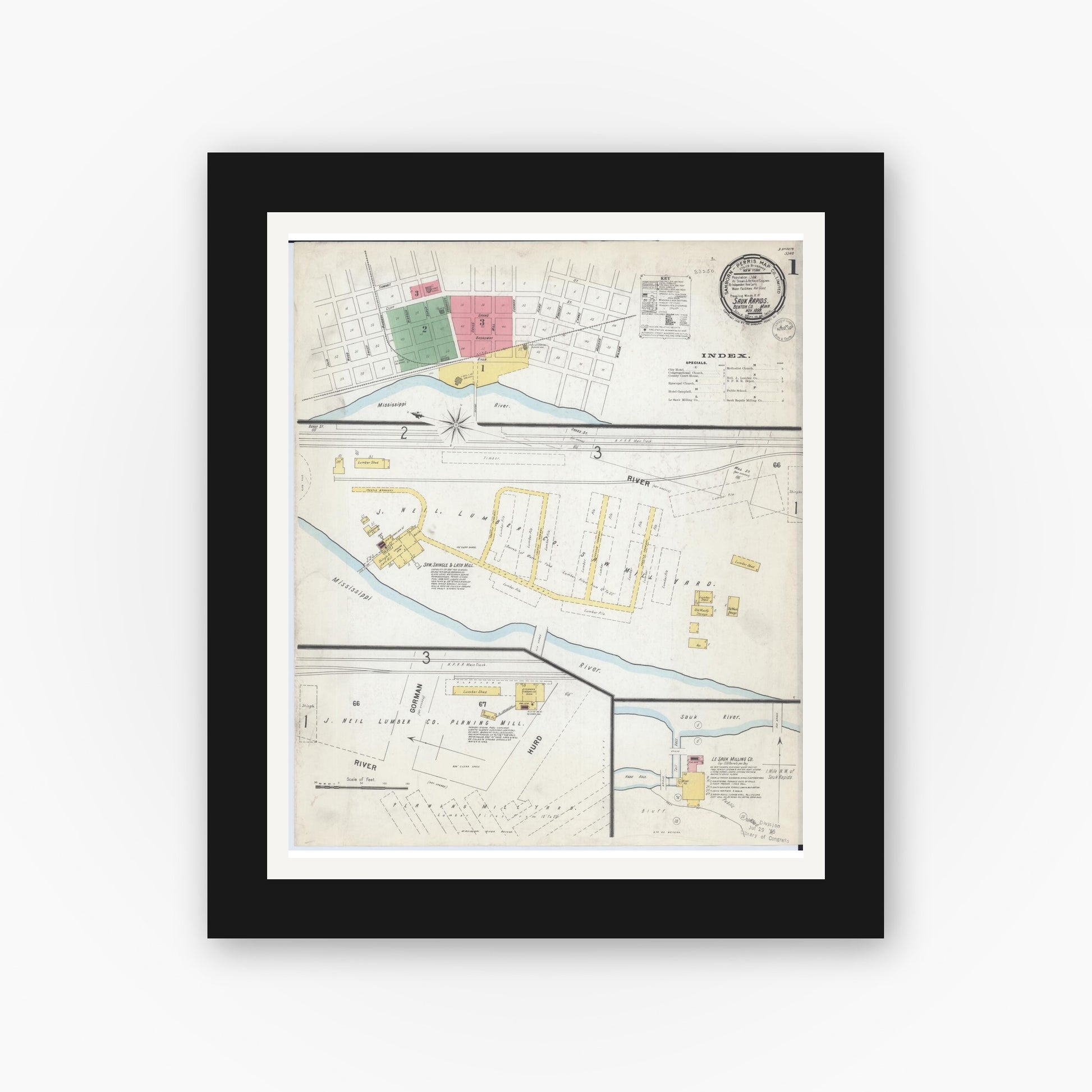 Old map wall art mockup — black gallery frame with white mat — Sanborn Fire Insurance Map from Sauk Rapids, Benton County, Minnesota (1899), Sheet #0001