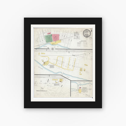 Old map wall art mockup — black gallery frame with white mat — Sanborn Fire Insurance Map from Sauk Rapids, Benton County, Minnesota (1899), Sheet #0001