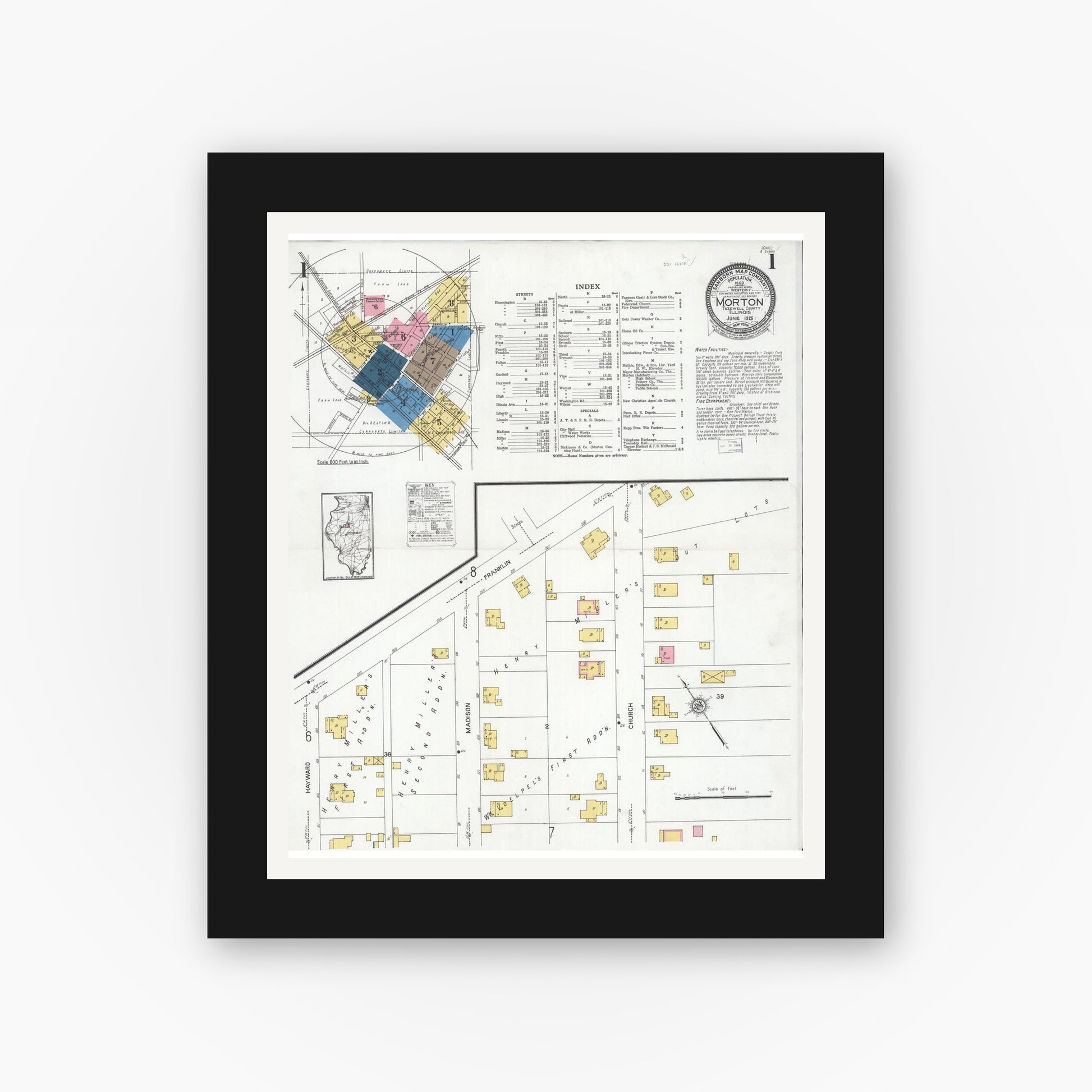 Old map wall art mockup — black gallery frame with white mat — Sanborn Fire Insurance Map from Morton, Tazewell County, Illinois (1926) - Complete Map Set