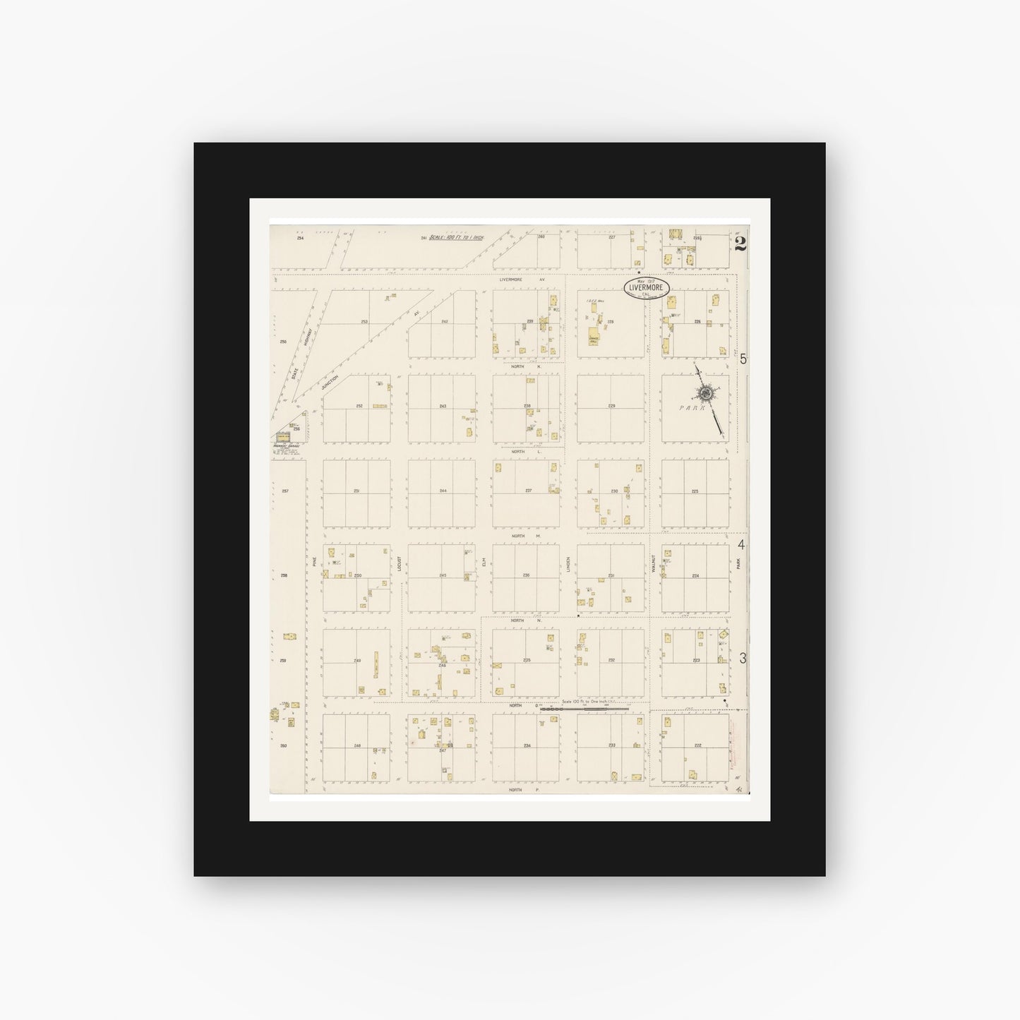 Old map wall art mockup — black gallery frame with white mat — Sanborn Fire Insurance Map from Livermore, Alameda County, California (1917), Sheet #0002
