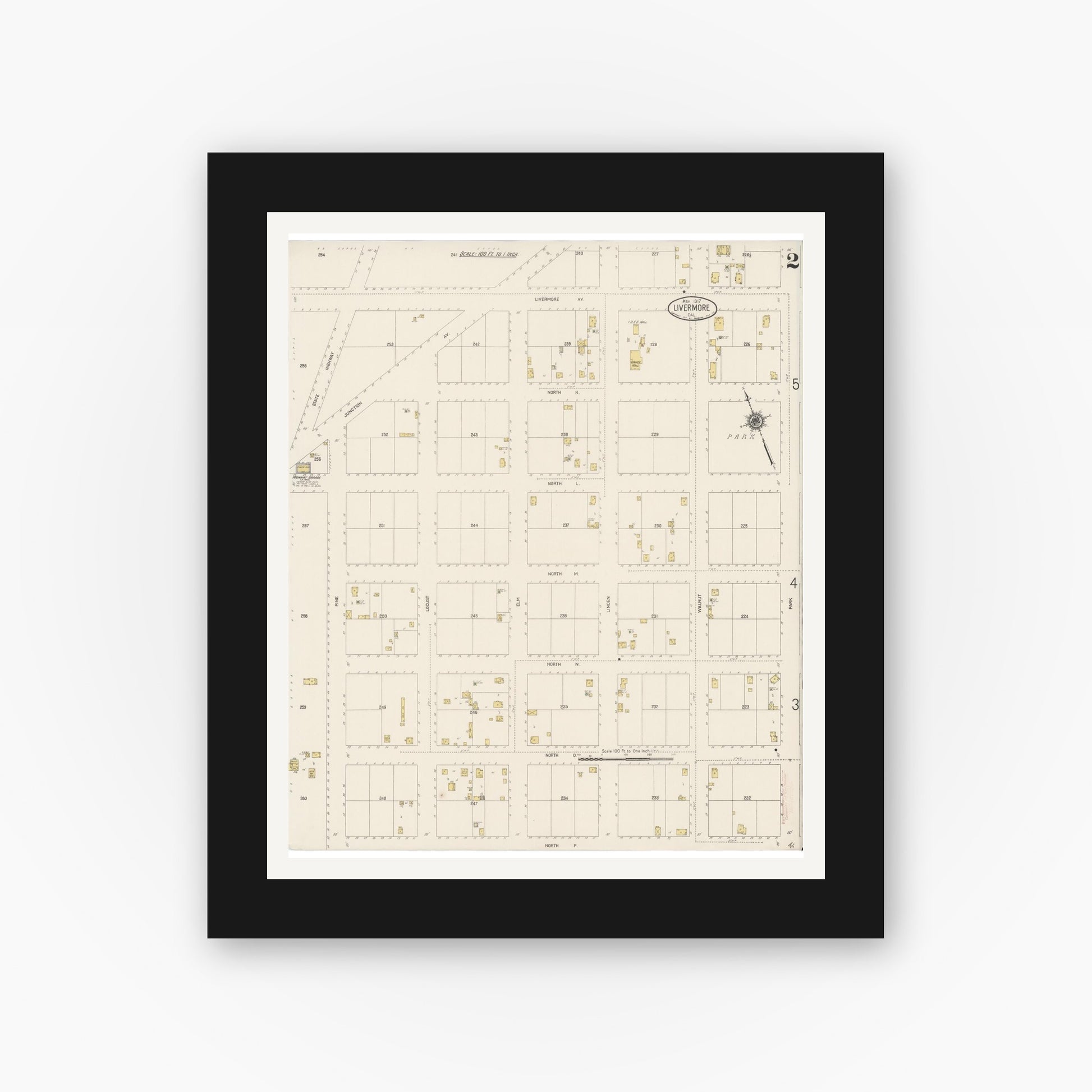 Old map wall art mockup — black gallery frame with white mat — Sanborn Fire Insurance Map from Livermore, Alameda County, California (1917), Sheet #0002