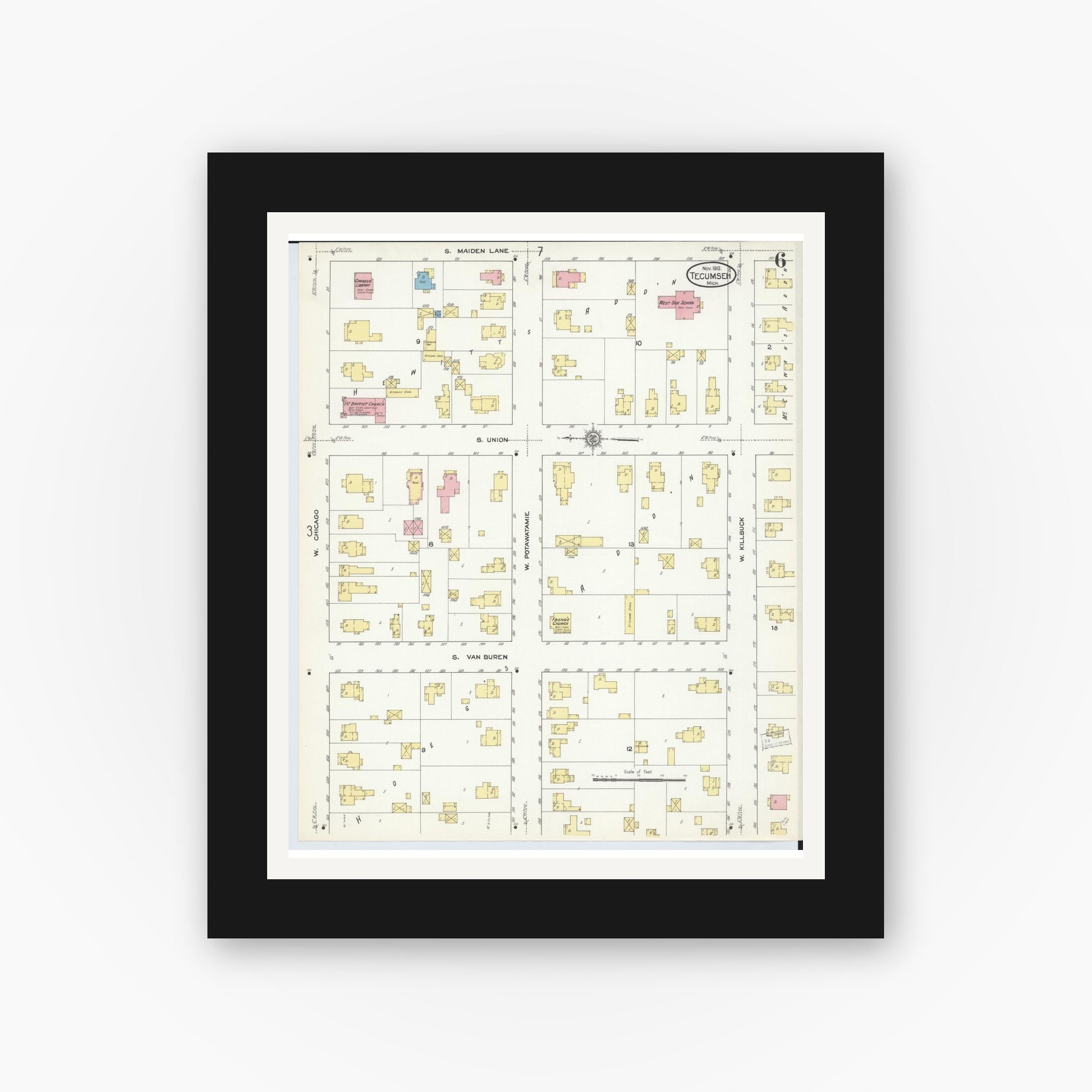 Old map wall art mockup — black gallery frame with white mat — Sanborn Fire Insurance Map from Tecumseh, Lenawee County, Michigan (1912), Sheet #0006