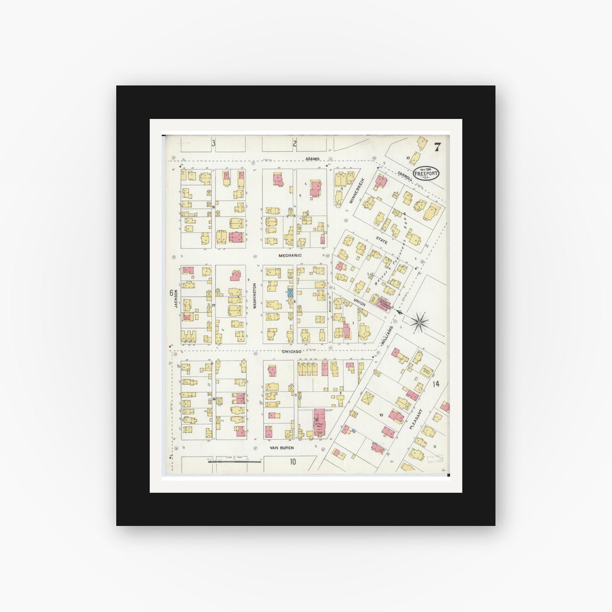 Old map wall art mockup — black gallery frame with white mat — Sanborn Fire Insurance Map from Freeport, Stephenson County, Illinois (1904), Sheet #0007