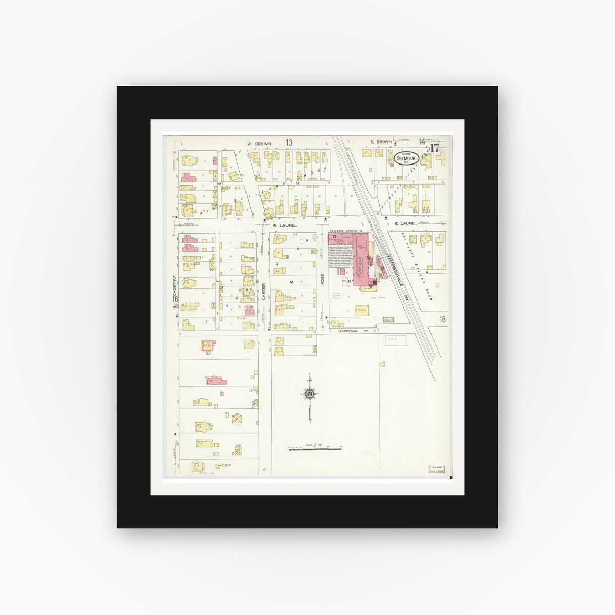 Old map wall art mockup — black gallery frame with white mat — Sanborn Fire Insurance Map from Seymour, Jackson County, Indiana (1913), Sheet #0017