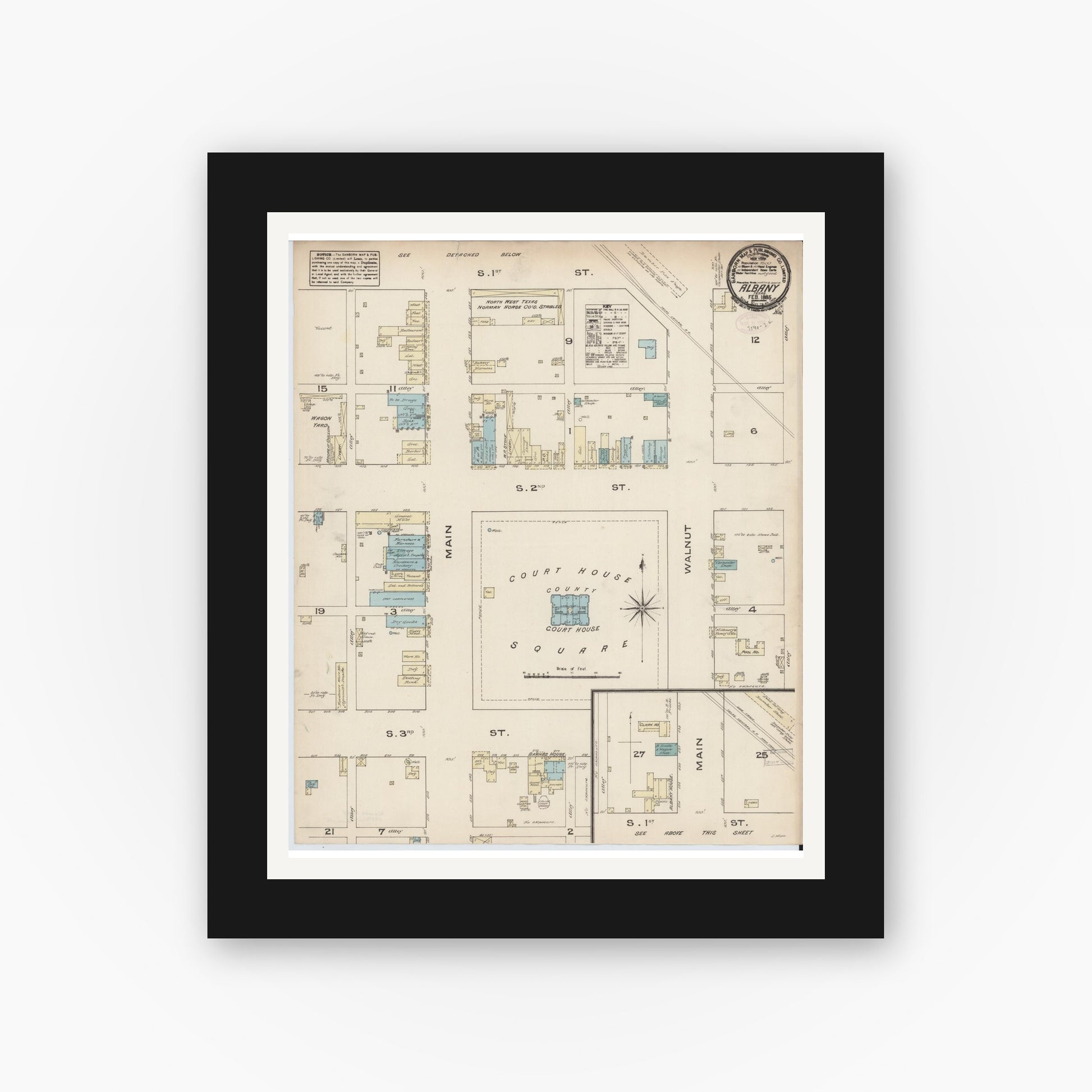Old map wall art mockup — black gallery frame with white mat — Sanborn Fire Insurance Map from Albany, Shackelford County, Texas (1885), Sheet #0001