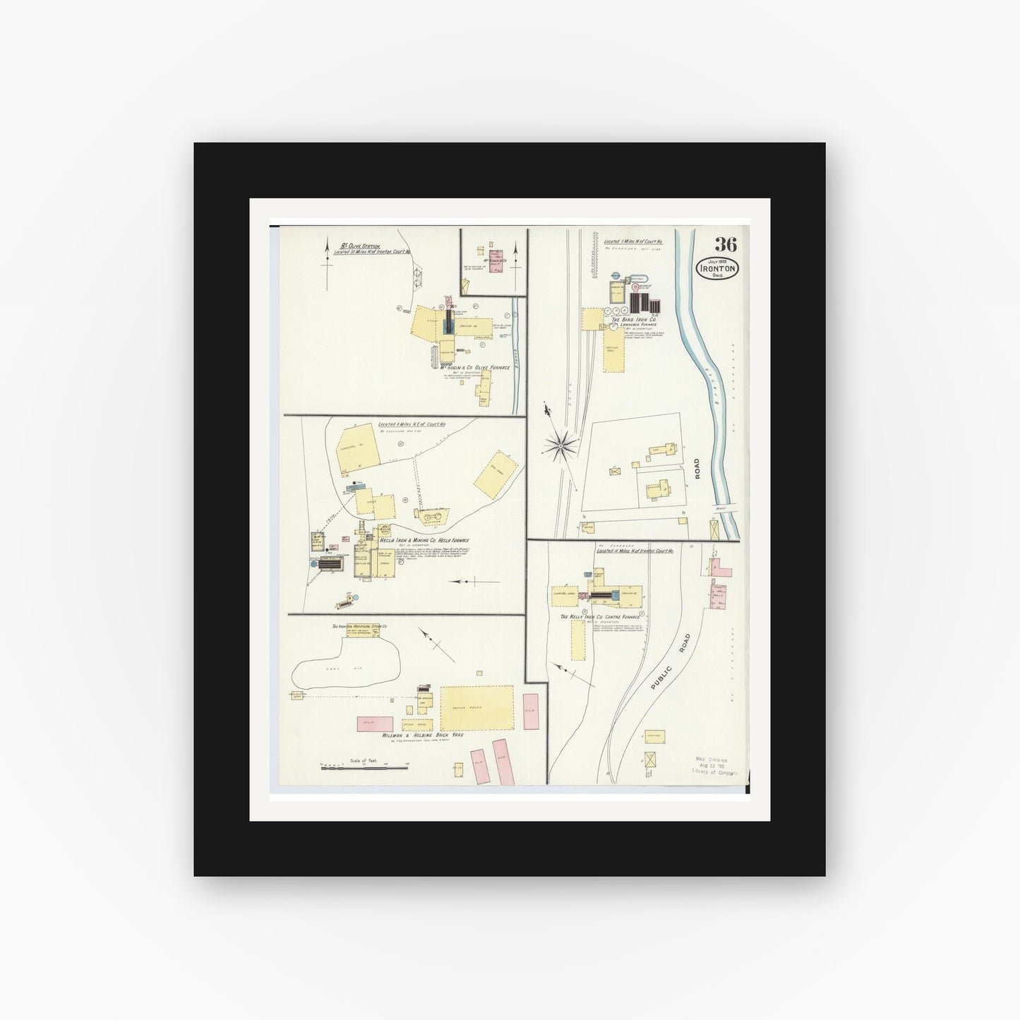 Old map wall art mockup — black gallery frame with white mat — Sanborn Fire Insurance Map from Ironton, Lawrence County, Ohio (1909), Sheet #0036