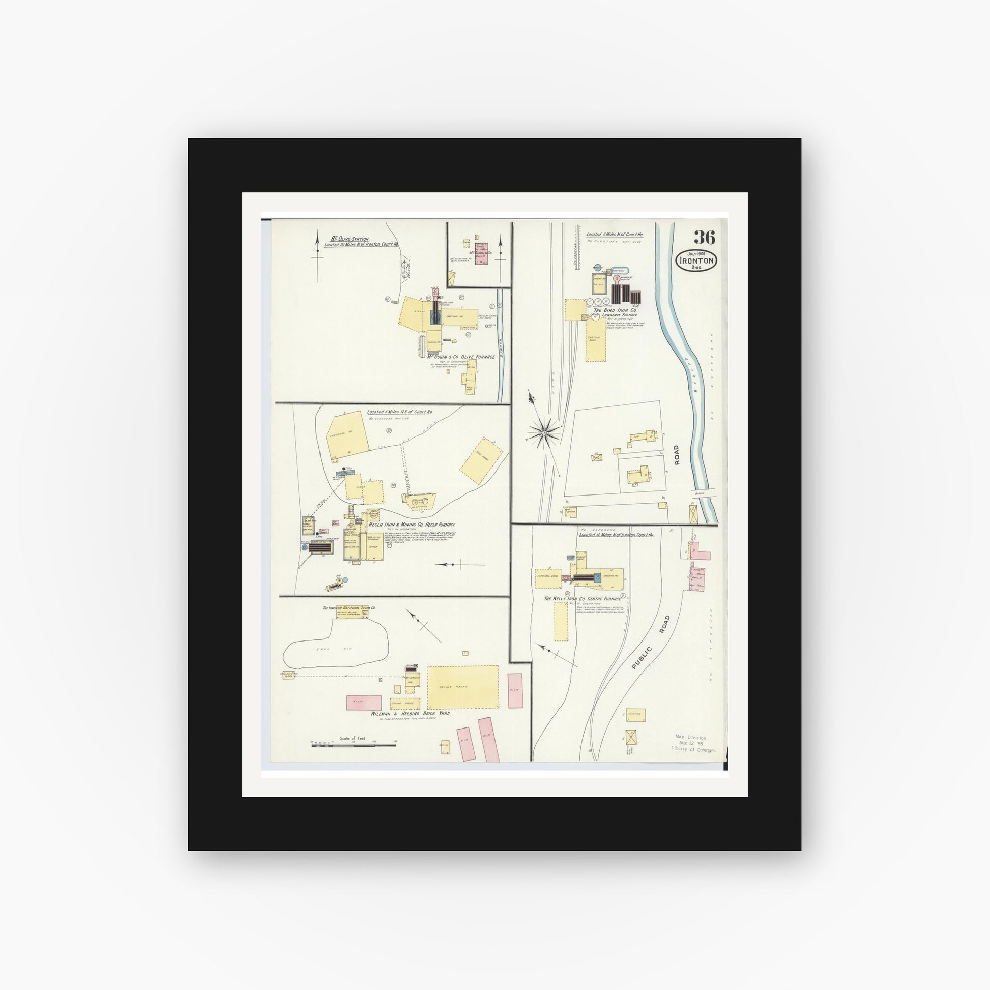 Old map wall art mockup — black gallery frame with white mat — Sanborn Fire Insurance Map from Ironton, Lawrence County, Ohio (1909), Sheet #0036