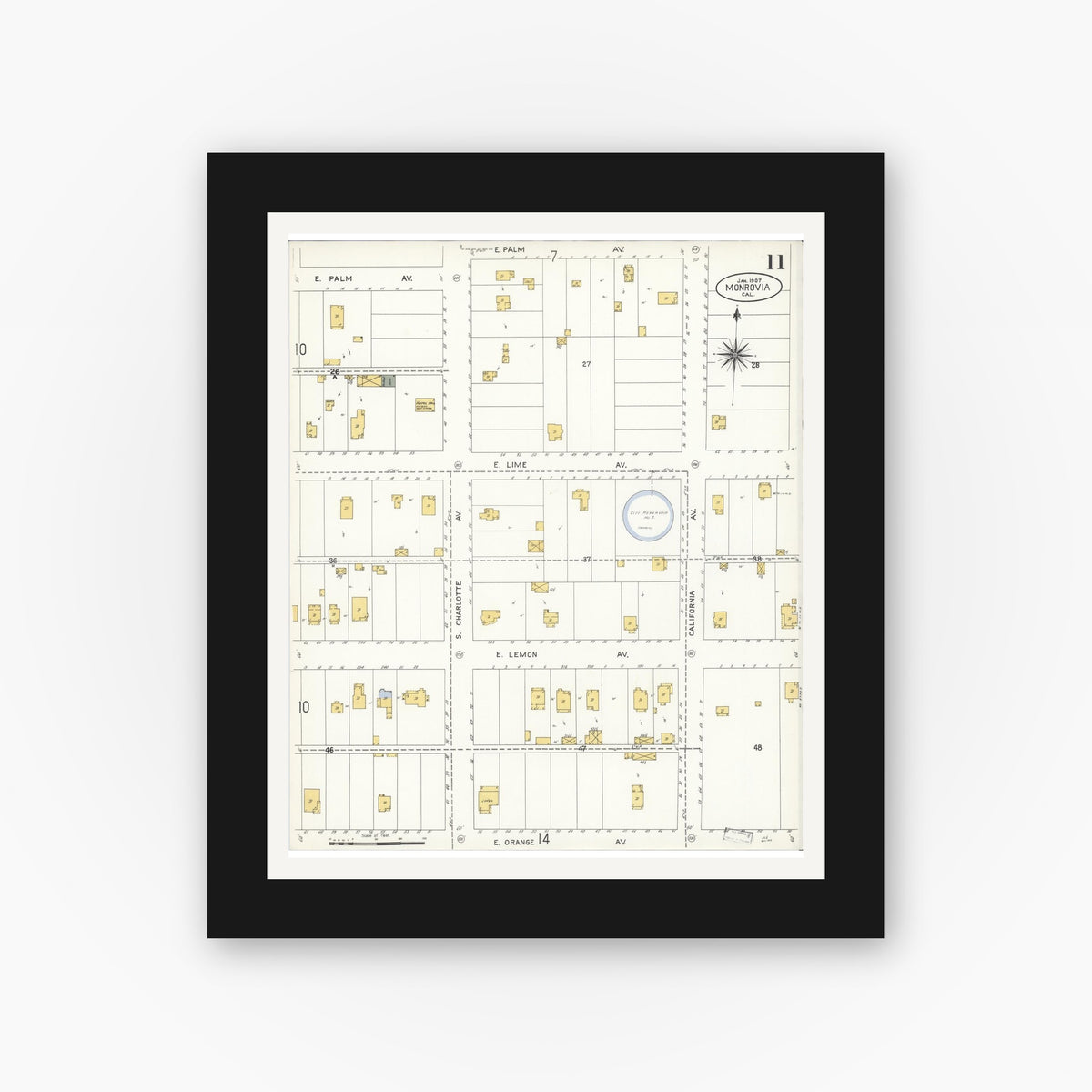 Old map wall art mockup — black gallery frame with white mat — Sanborn Fire Insurance Map from Monrovia, Los Angeles County, California (1907), Sheet #0011