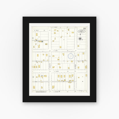 Old map wall art mockup — black gallery frame with white mat — Sanborn Fire Insurance Map from Monrovia, Los Angeles County, California (1907), Sheet #0011