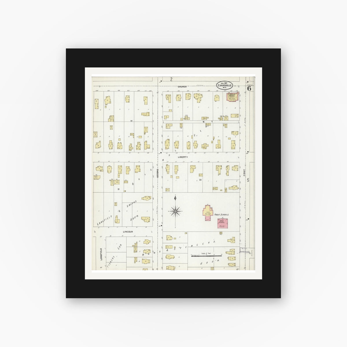 Old map wall art mockup — black gallery frame with white mat — Sanborn Fire Insurance Map from Evansville, Rock County, Wisconsin (1907), Sheet #0006