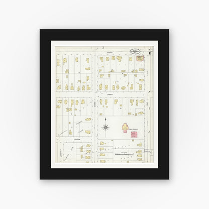 Old map wall art mockup — black gallery frame with white mat — Sanborn Fire Insurance Map from Evansville, Rock County, Wisconsin (1907), Sheet #0006