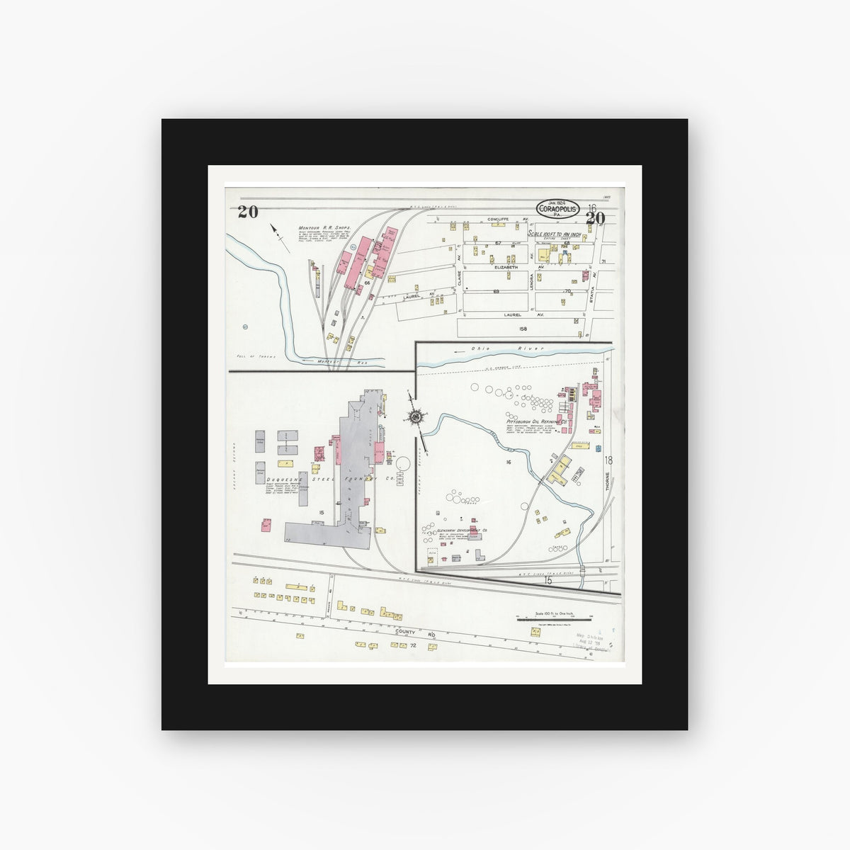 Old map wall art mockup — black gallery frame with white mat — Sanborn Fire Insurance Map from Coraopolis, Allegheny County, Pennsylvania (1924), Sheet #0020