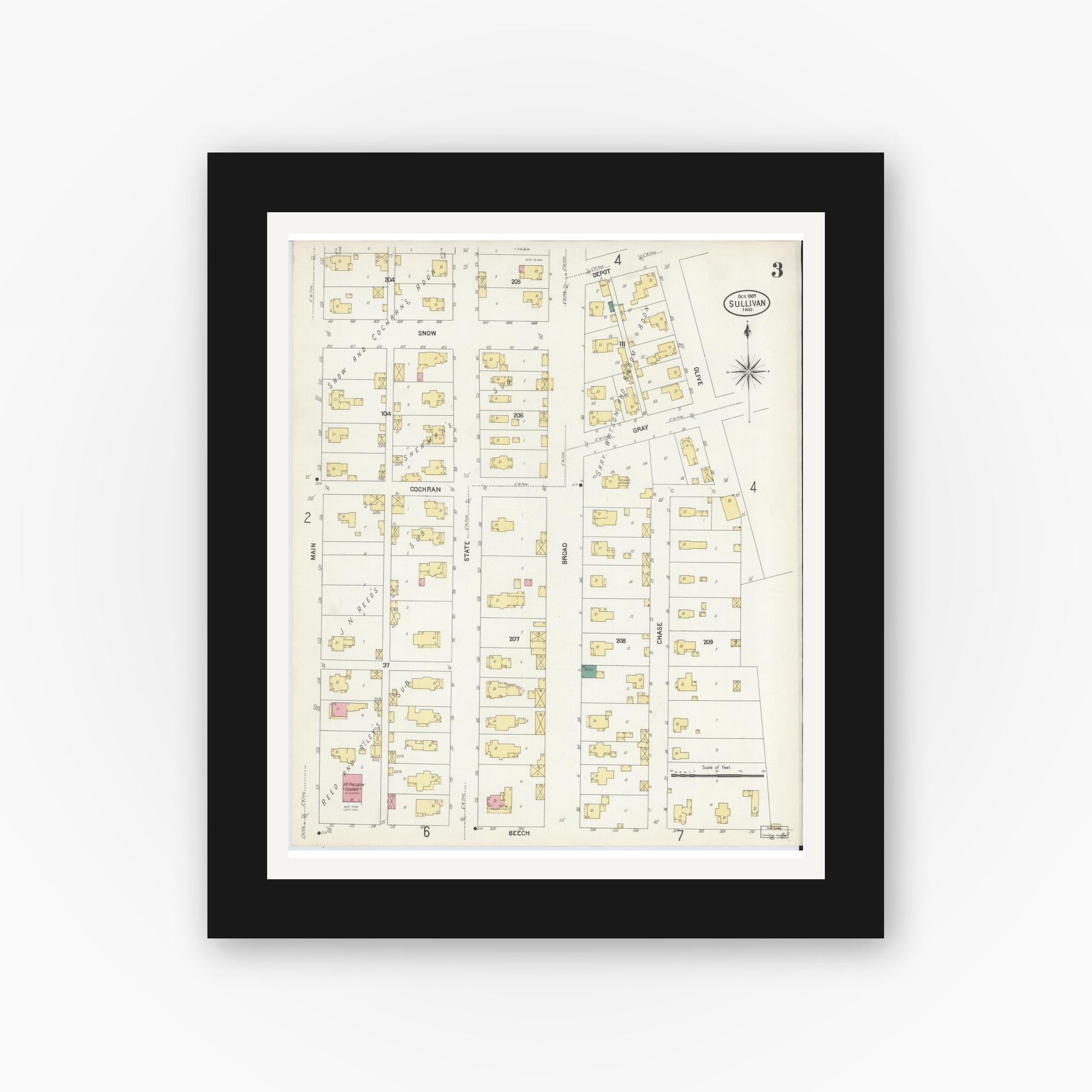 Old map wall art mockup — black gallery frame with white mat — Sanborn Fire Insurance Map from Sullivan, Sullivan County, Indiana (1907), Sheet #0003
