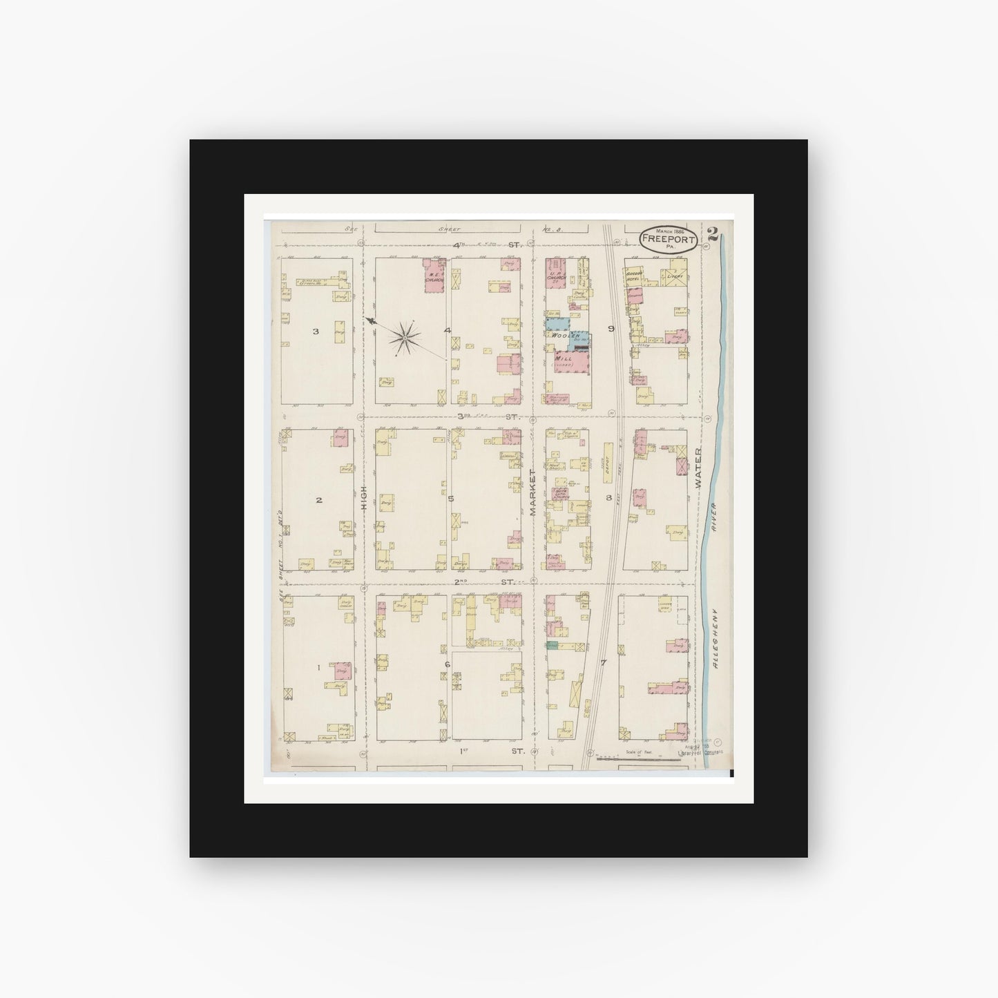 Old map wall art mockup — black gallery frame with white mat — Sanborn Fire Insurance Map from Freeport, Armstrong County, Pennsylvania (1886), Sheet #0002