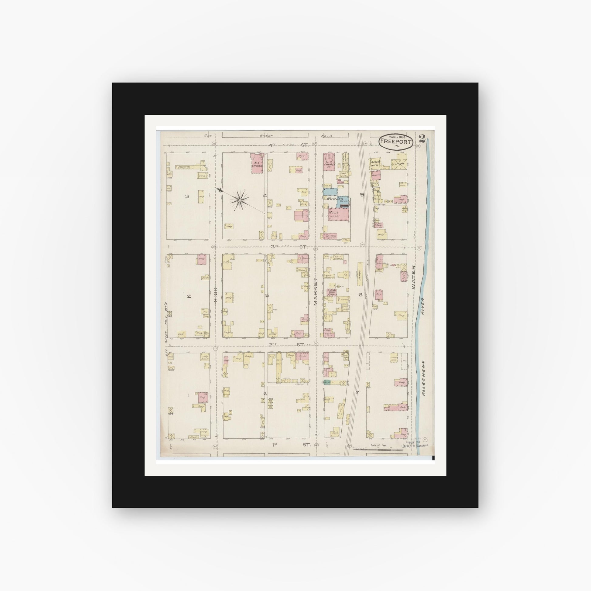 Old map wall art mockup — black gallery frame with white mat — Sanborn Fire Insurance Map from Freeport, Armstrong County, Pennsylvania (1886), Sheet #0002