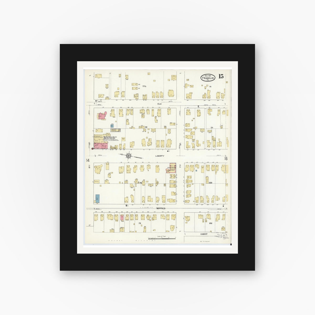 Old map wall art mockup — black gallery frame with white mat — Sanborn Fire Insurance Map from Franklin, Venango County, Pennsylvania (1912), Sheet #0015