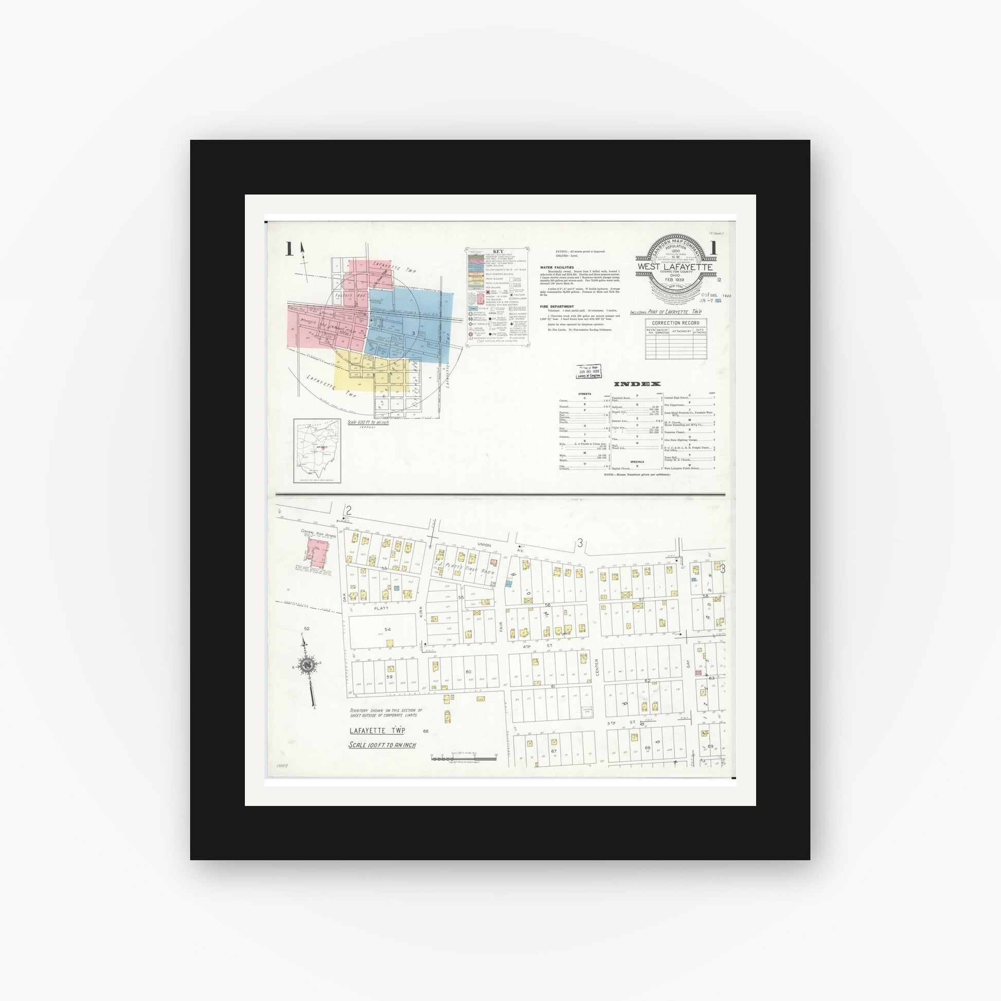 Old map wall art mockup — black gallery frame with white mat — Sanborn Fire Insurance Map from West Lafayette, Coshocton County, Ohio (1939), Sheet #0001