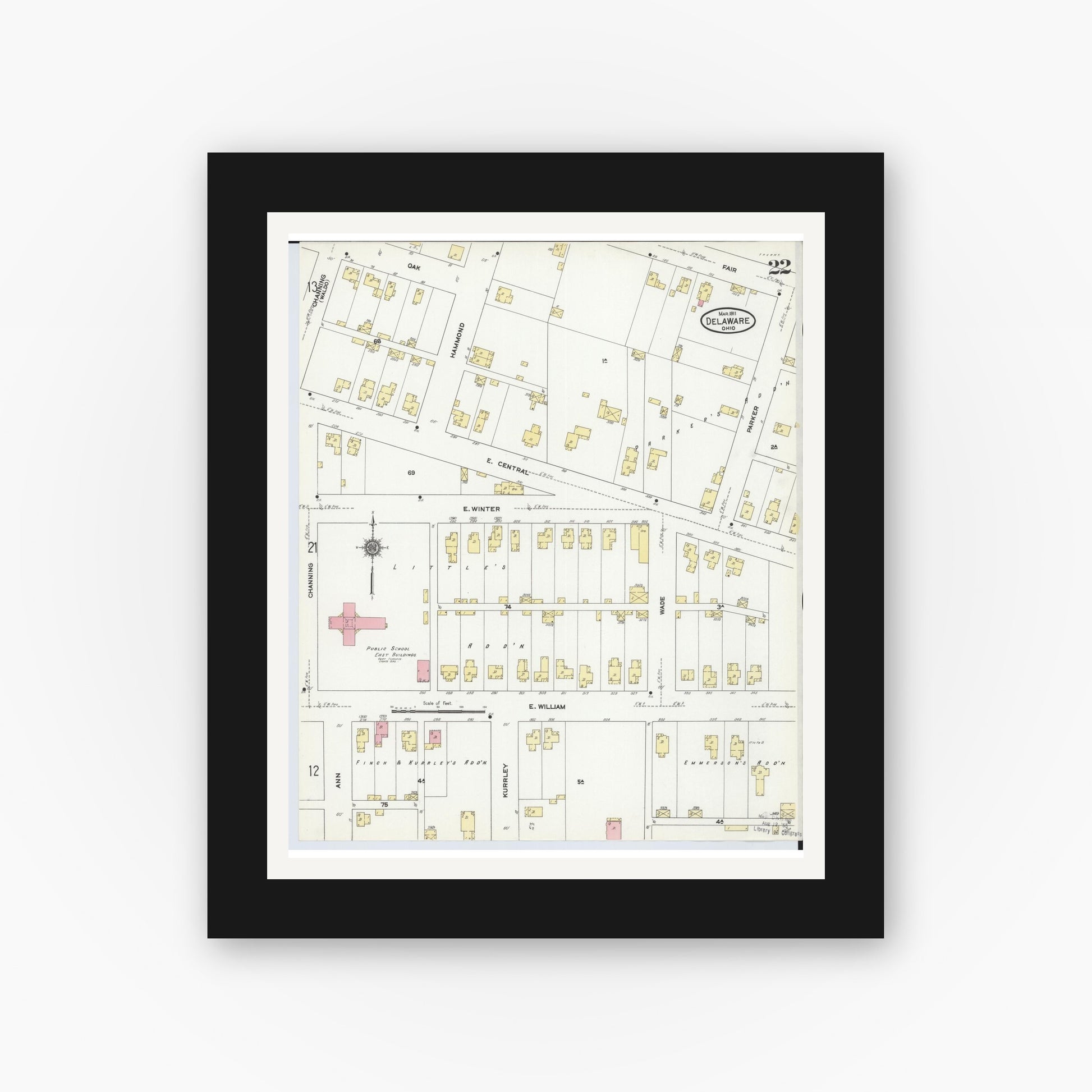 Old map wall art mockup — black gallery frame with white mat — Sanborn Fire Insurance Map from Delaware, Delaware County, Ohio (1911), Sheet #0022
