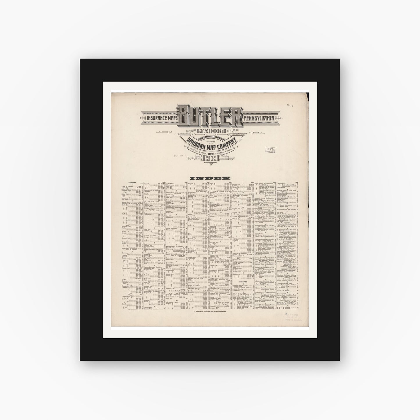 Old map wall art mockup — black gallery frame with white mat — Sanborn Fire Insurance Map from Butler, Butler County, Pennsylvania (1921), Sheet #0001
