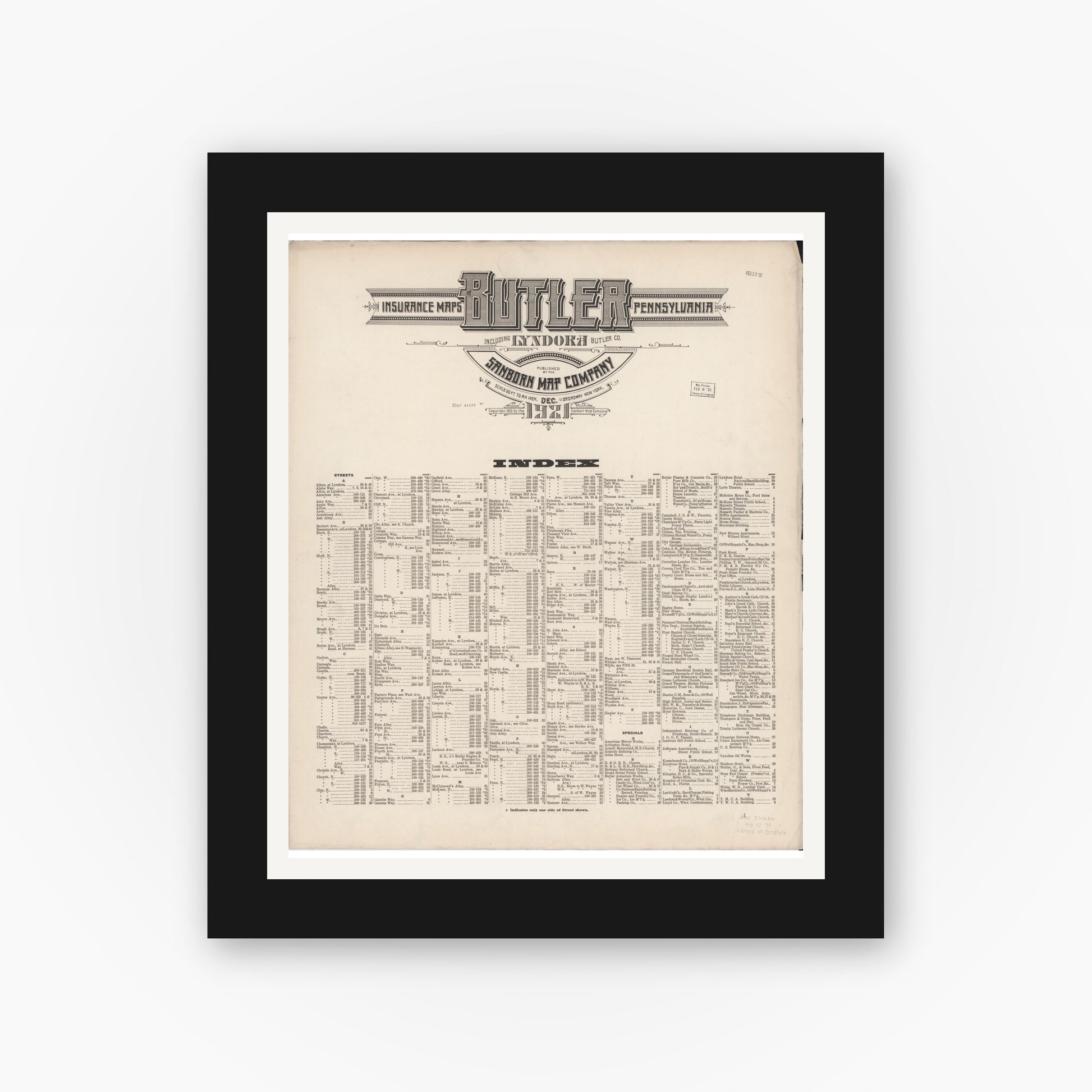 Old map wall art mockup — black gallery frame with white mat — Sanborn Fire Insurance Map from Butler, Butler County, Pennsylvania (1921), Sheet #0001
