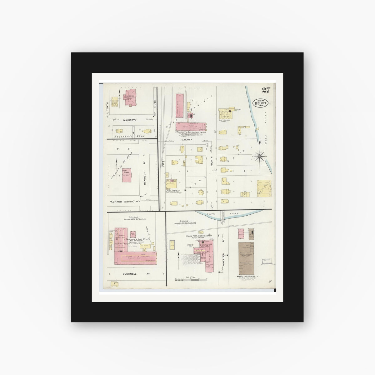 Old map wall art mockup — black gallery frame with white mat — Sanborn Fire Insurance Map from Beloit, Rock County, Wisconsin (1908), Sheet #0027