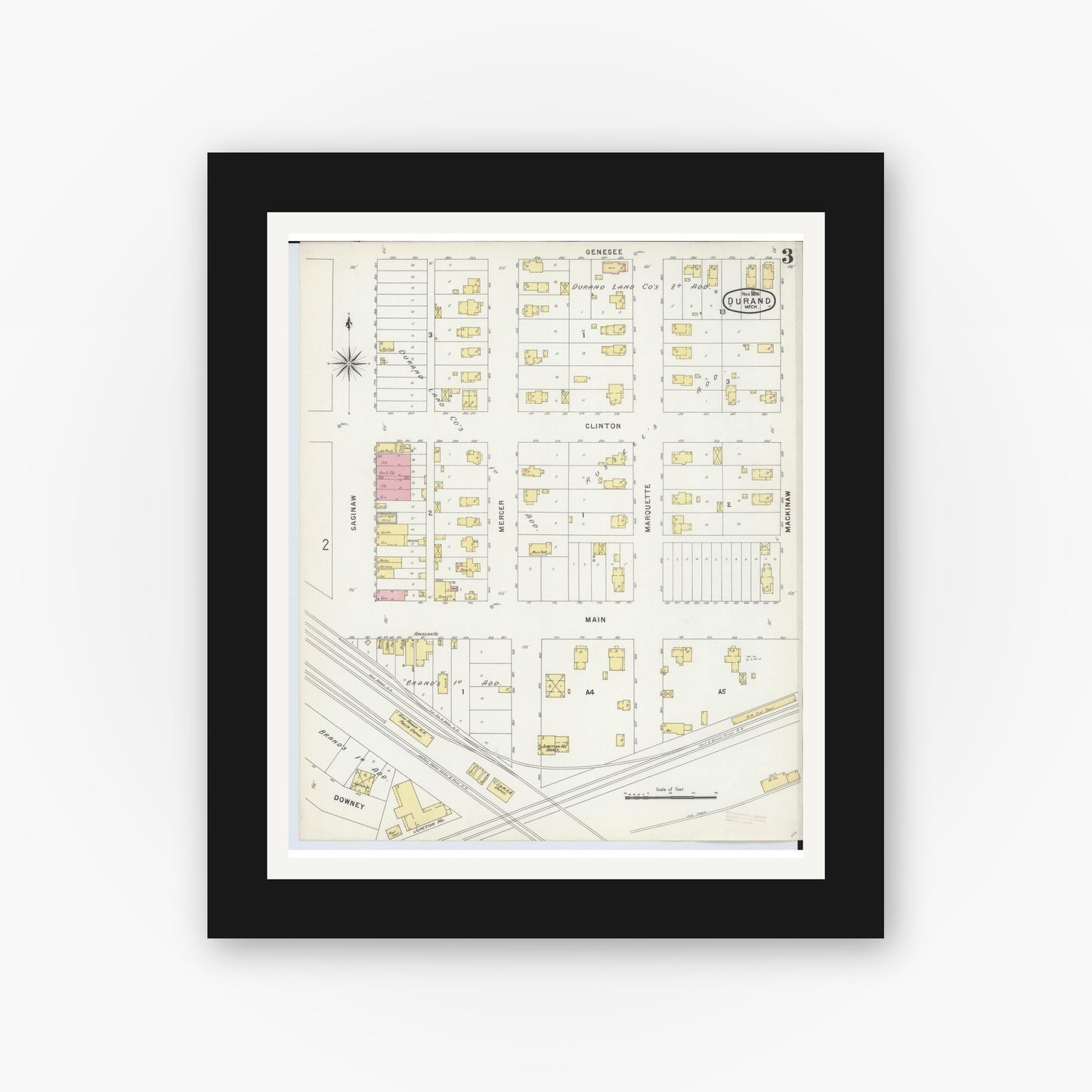 Old map wall art mockup — black gallery frame with white mat — Sanborn Fire Insurance Map from Durand, Shiawassee County, Michigan (1896), Sheet #0003