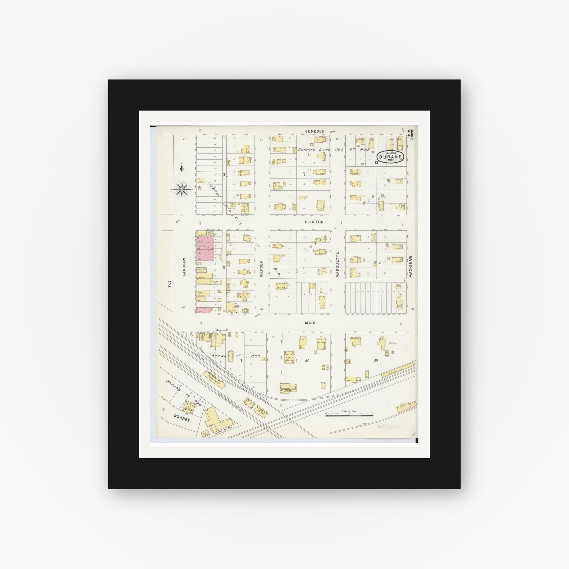 Old map wall art mockup — black gallery frame with white mat — Sanborn Fire Insurance Map from Durand, Shiawassee County, Michigan (1896), Sheet #0003