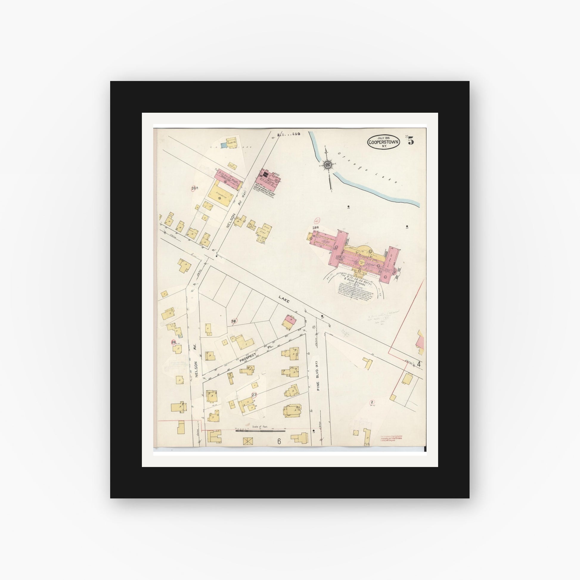 Old map wall art mockup — black gallery frame with white mat — Sanborn Fire Insurance Map from Cooperstown, Otsego County, New York (1949), Sheet #0005