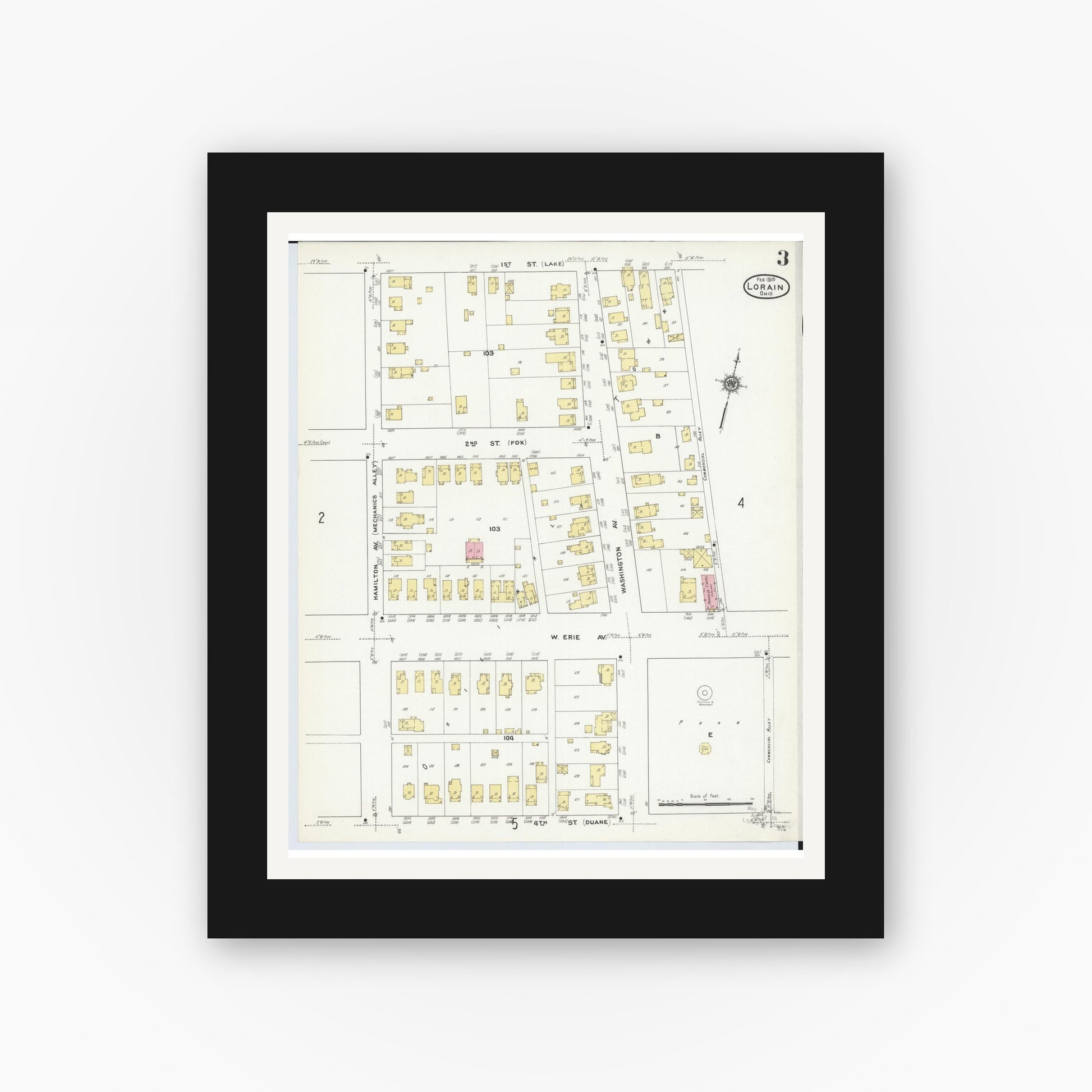 Old map wall art mockup — black gallery frame with white mat — Sanborn Fire Insurance Map from Lorain, Lorain County, Ohio (1910), Sheet #0003