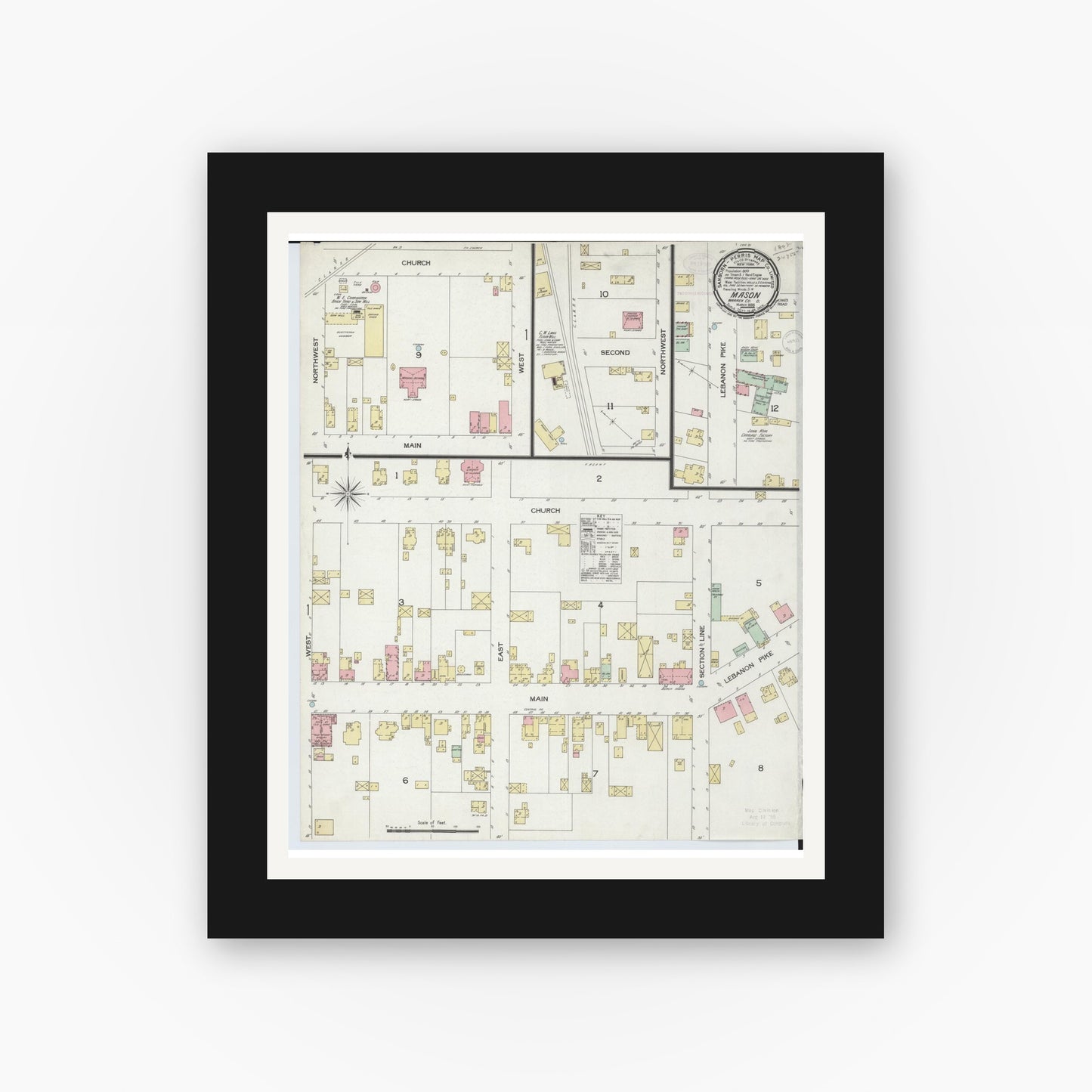 Old map wall art mockup — black gallery frame with white mat — Sanborn Fire Insurance Map from Mason, Warren County, Ohio (1898), Sheet #0001
