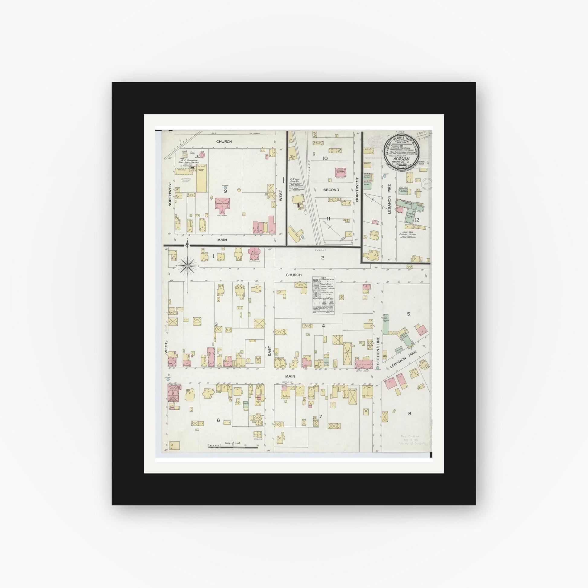 Old map wall art mockup — black gallery frame with white mat — Sanborn Fire Insurance Map from Mason, Warren County, Ohio (1898), Sheet #0001