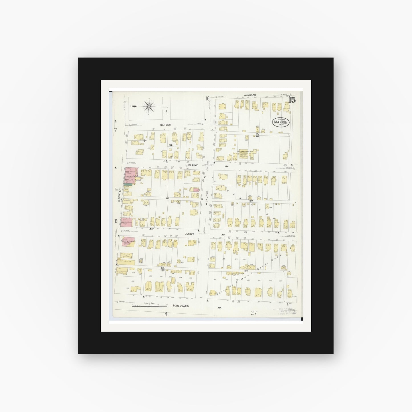Old map wall art mockup — black gallery frame with white mat — Sanborn Fire Insurance Map from Marion, Marion County, Ohio (1908), Sheet #0015