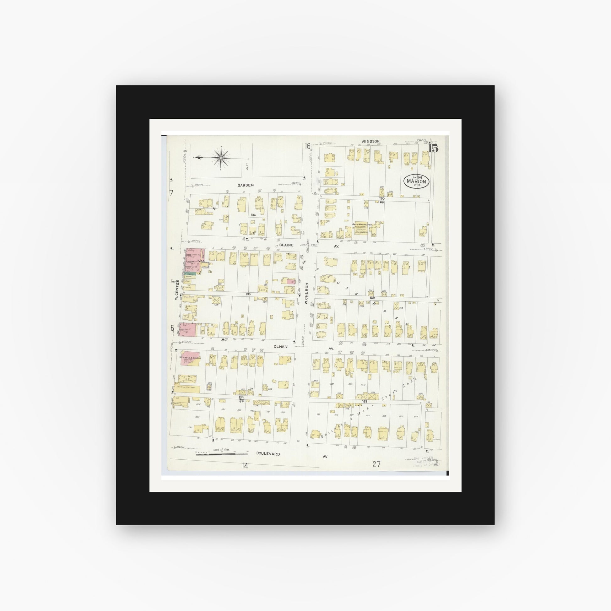 Old map wall art mockup — black gallery frame with white mat — Sanborn Fire Insurance Map from Marion, Marion County, Ohio (1908), Sheet #0015