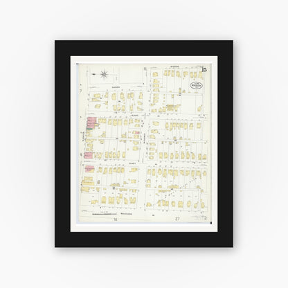 Old map wall art mockup — black gallery frame with white mat — Sanborn Fire Insurance Map from Marion, Marion County, Ohio (1908), Sheet #0015