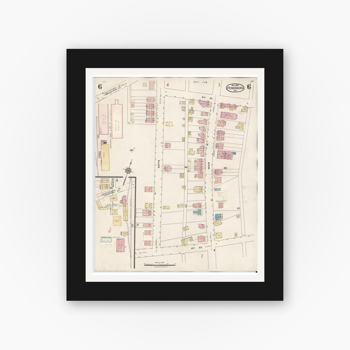 Old map wall art mockup — black gallery frame with white mat — Sanborn Fire Insurance Map from Pennsburg, Montgomery County, Pennsylvania (1933), Sheet #0006