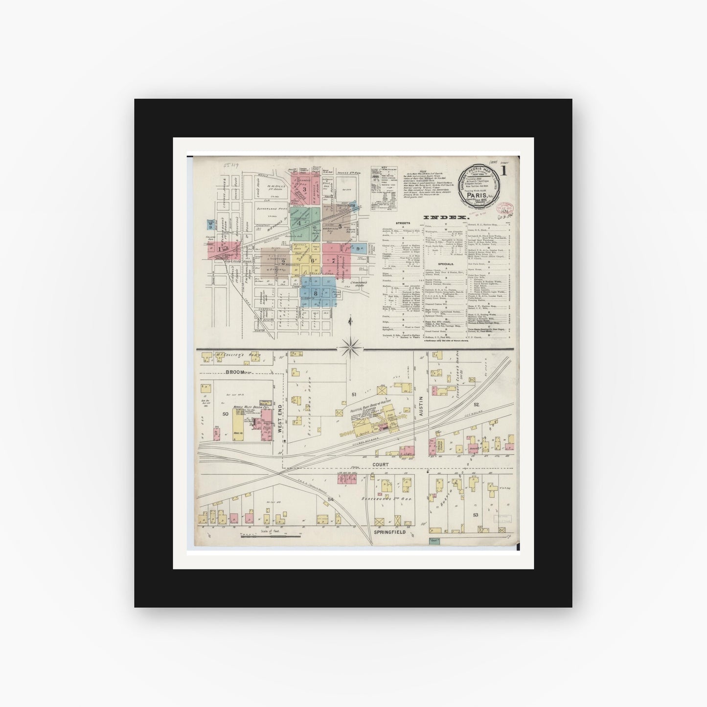 Old map wall art mockup — black gallery frame with white mat — Sanborn Fire Insurance Map from Paris, Edgar County, Illinois (1895) - Complete Map Set