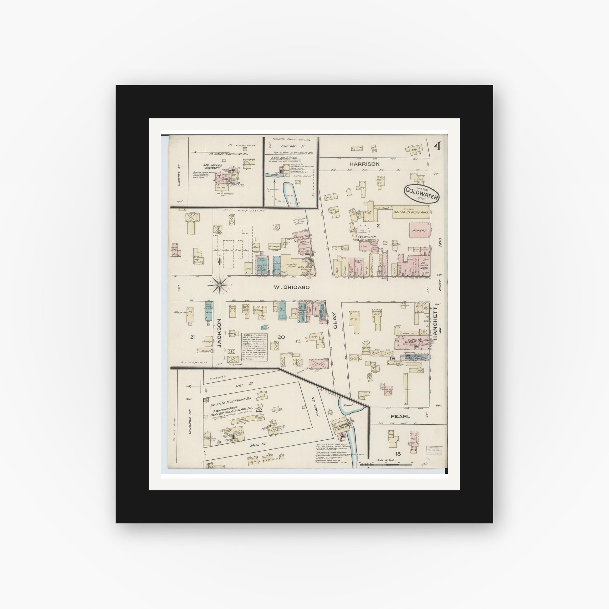 Old map wall art mockup — black gallery frame with white mat — Sanborn Fire Insurance Map from Coldwater, Branch County, Michigan (1884), Sheet #0004