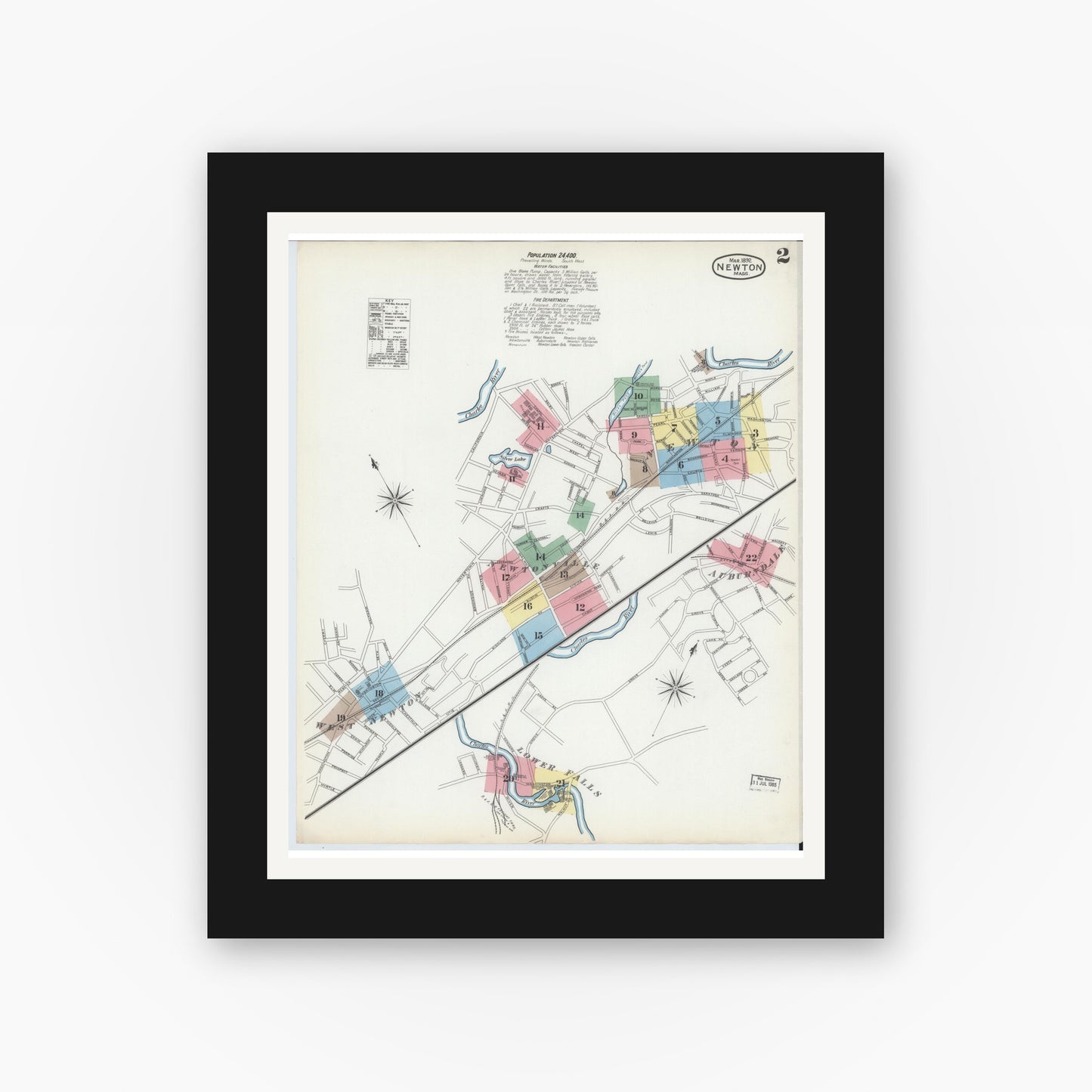 Old map wall art mockup — black gallery frame with white mat — Sanborn Fire Insurance Map from Newton, Middlesex County, Massachusetts (1892), Sheet #0002