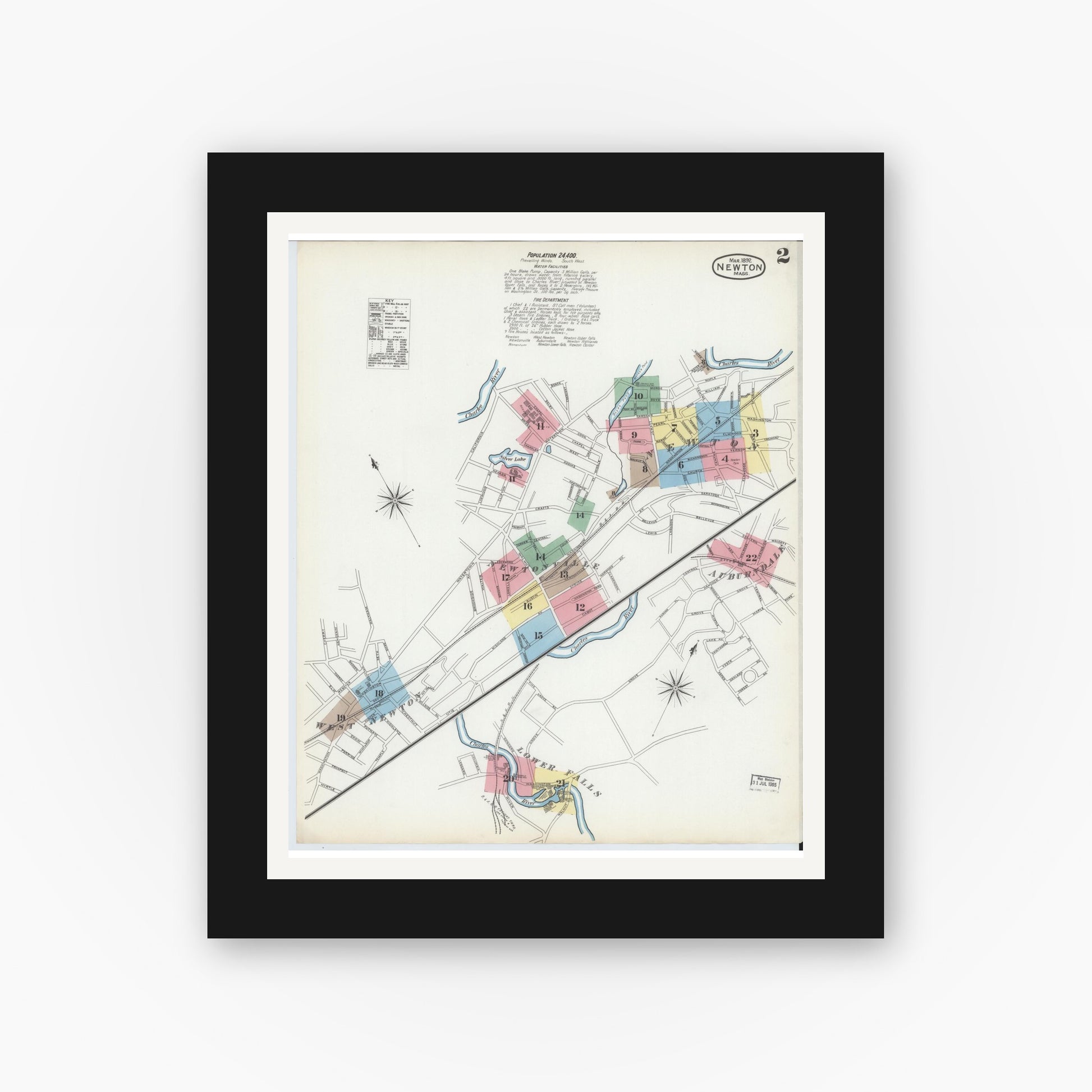 Old map wall art mockup — black gallery frame with white mat — Sanborn Fire Insurance Map from Newton, Middlesex County, Massachusetts (1892), Sheet #0002