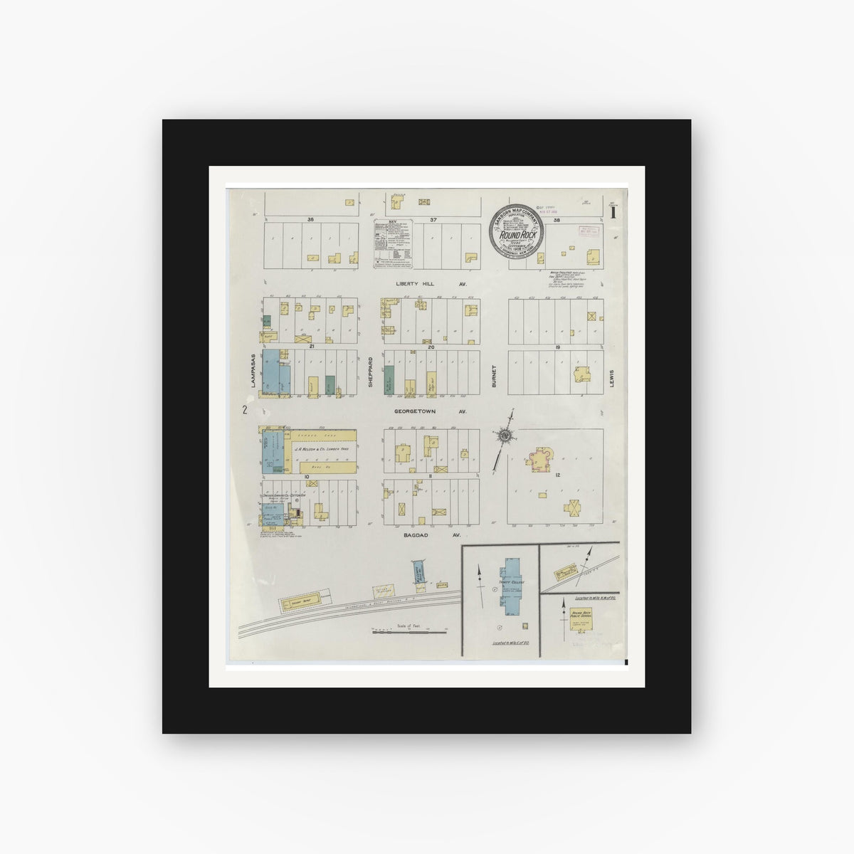 Old map wall art mockup — black gallery frame with white mat — Sanborn Fire Insurance Map from Round Rock, Williamson County, Texas (1909), Sheet #0001