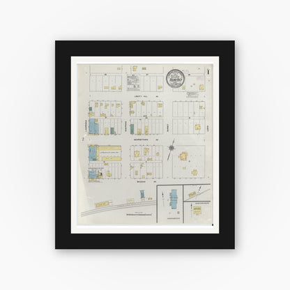 Old map wall art mockup — black gallery frame with white mat — Sanborn Fire Insurance Map from Round Rock, Williamson County, Texas (1909), Sheet #0001