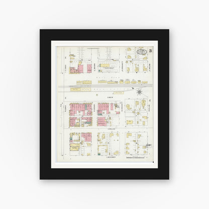 Old map wall art mockup — black gallery frame with white mat — Sanborn Fire Insurance Map from Ennis, Ellis County, Texas (1896), Sheet #0003